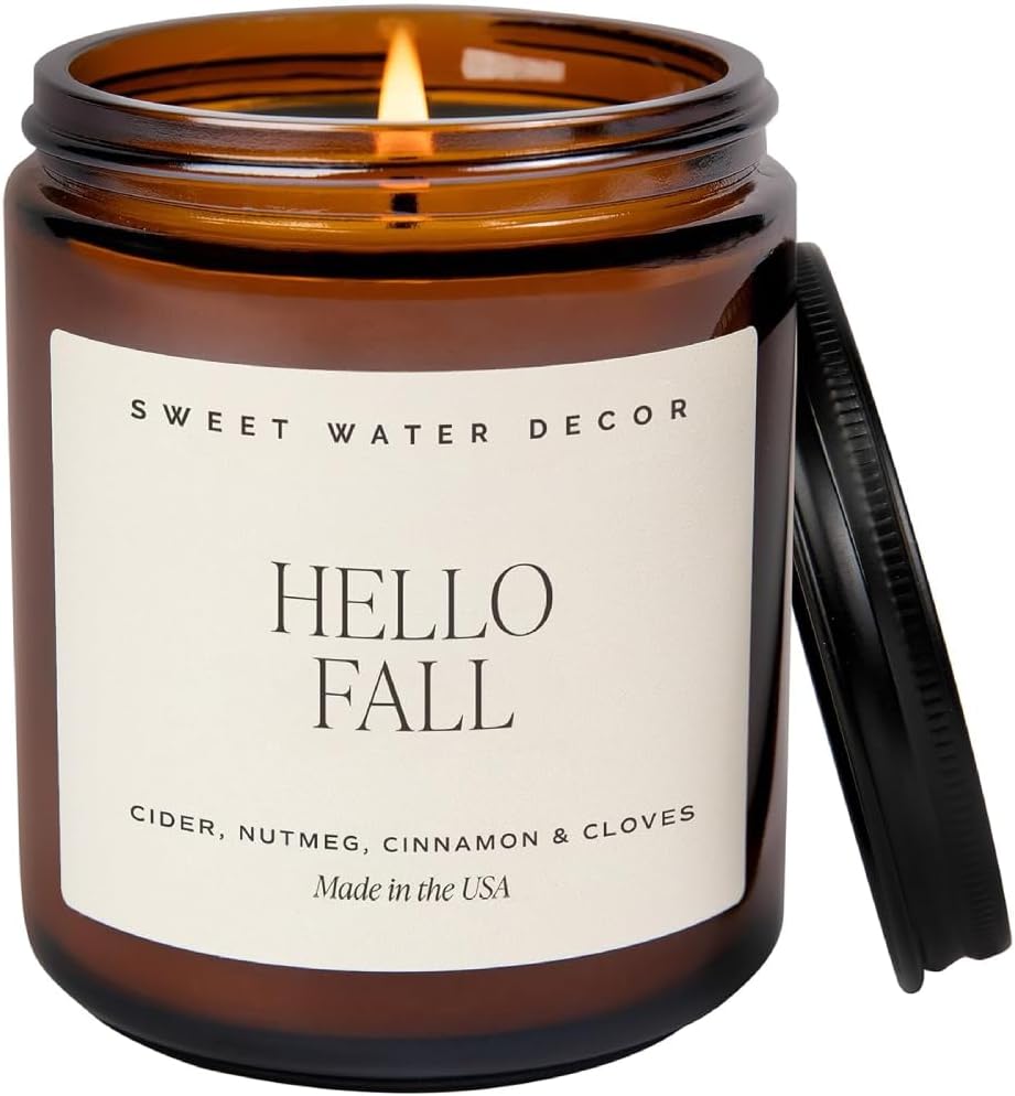 Sweet Water Decor Hello Fall Soy Candles - Fall Candle with Hot Cider, Cinnamon, Cloves, and Nutmeg Scent for Home - Soy Candle with 40 Hours Burn Time - 9Oz Black Lid Amber Jar Candles Fall Scents - Image 2