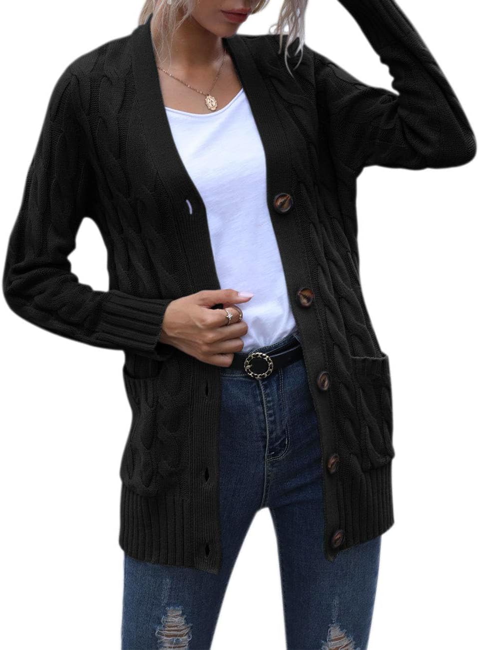 MEROKEETY Women's 2025 Fall Long Sleeve Cable Knit Sweater Open Front Cardigan Button Loose Outerwear - Image 4