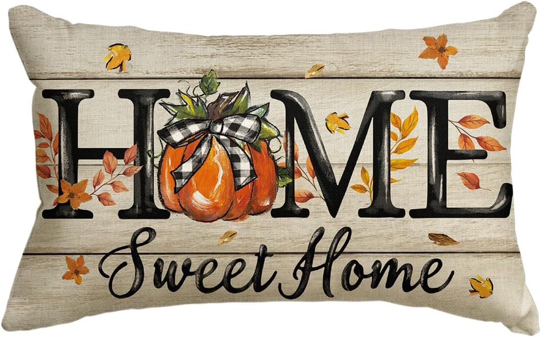 AVOIN colorlife Fall Home Sweet Home Pumpkin Throw Pillow Cover 12x20 Inch, Seasonal Autumn Maple Leaves Plaid Bow Thanksgiving Harvest Cushion Case Decoration for Sofa Couch - Image 2