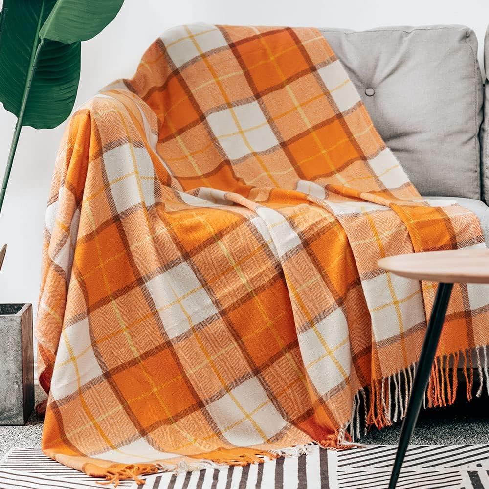 LALIFIT Decorative Faux Cashmere Throw Blankets Soft Fluffy Classic Orange Plaid Fringe Throw Blanket with Tassels Cozy Lightweight for Home Couch Sofa Farmhouse Halloween Decor 50" x 60" (Pumpkin) - Image 2