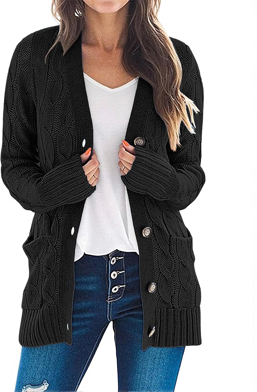 MEROKEETY Women's 2025 Fall Long Sleeve Cable Knit Sweater Open Front Cardigan Button Loose Outerwear - Image 2