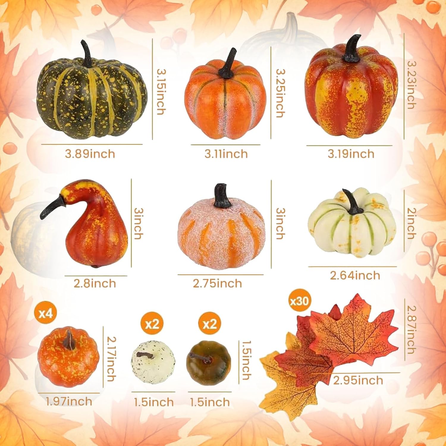 HAKACC 14 PCS Artificial Mixed Pumpkins for Decorating, Fake Pumpkins with 30PCS Fake Maple Leaves Thanksgiving Fall Harvest Decorations for Home, Fall Table Decor - Image 3