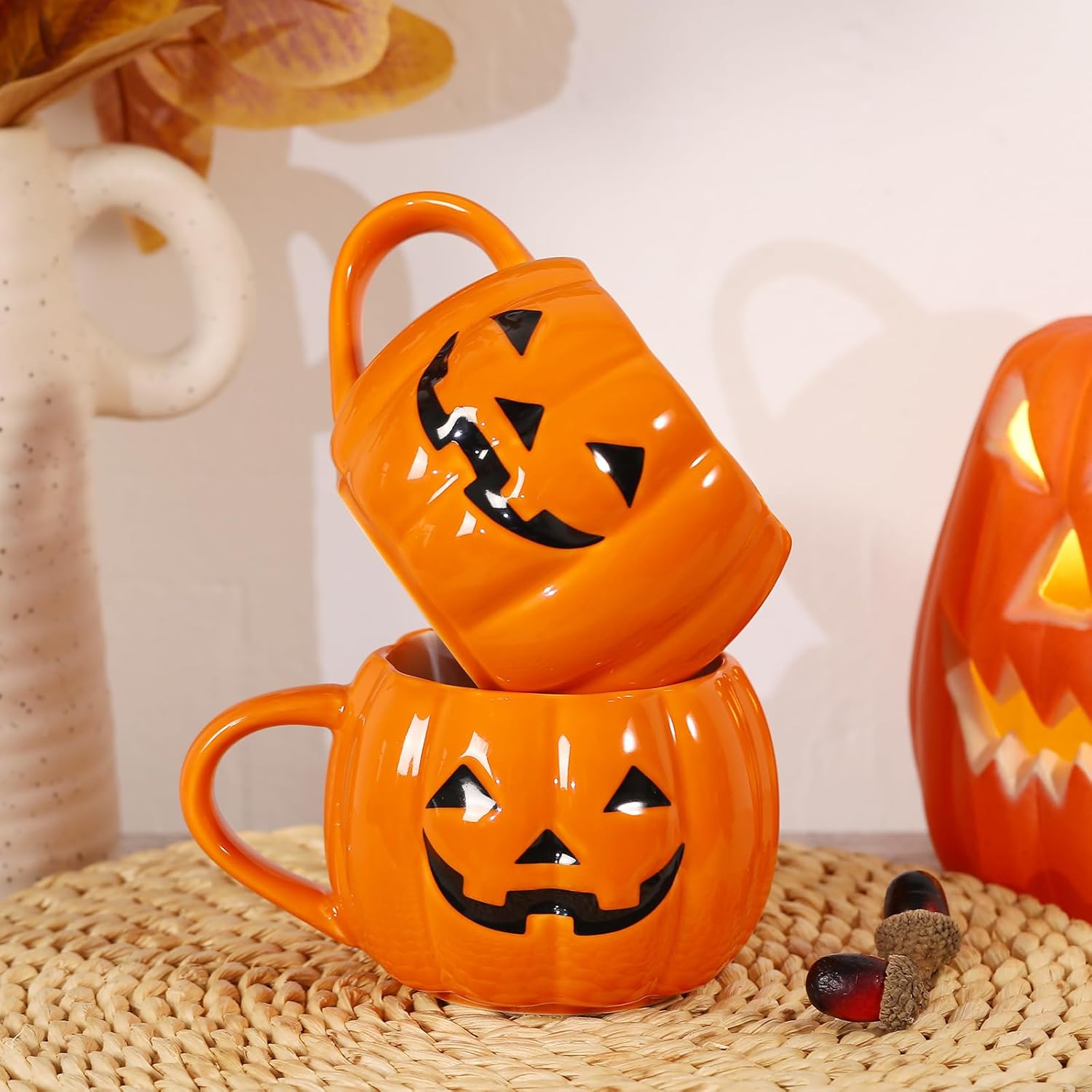 2 PACKS Halloween Pumpkin Mug Set 14 oz-Cute and Spooky Ceramic Coffee Mugs for Fall Halloween Party Home Decor - Image 8