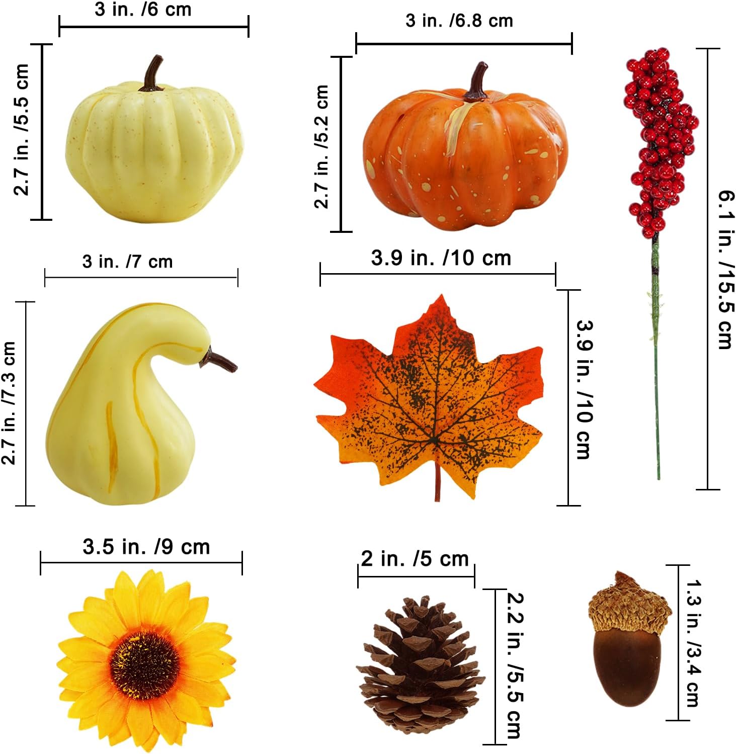 Winlyn 60 Pcs Assorted Small Artificial Pumpkins and Gourds with Acorns Pinecones Maple Leaves Sunflowers Fall Harvest Decoration Set for Thanksgiving Halloween Bowl Filler Table Centerpiece Wreaths - Image 3