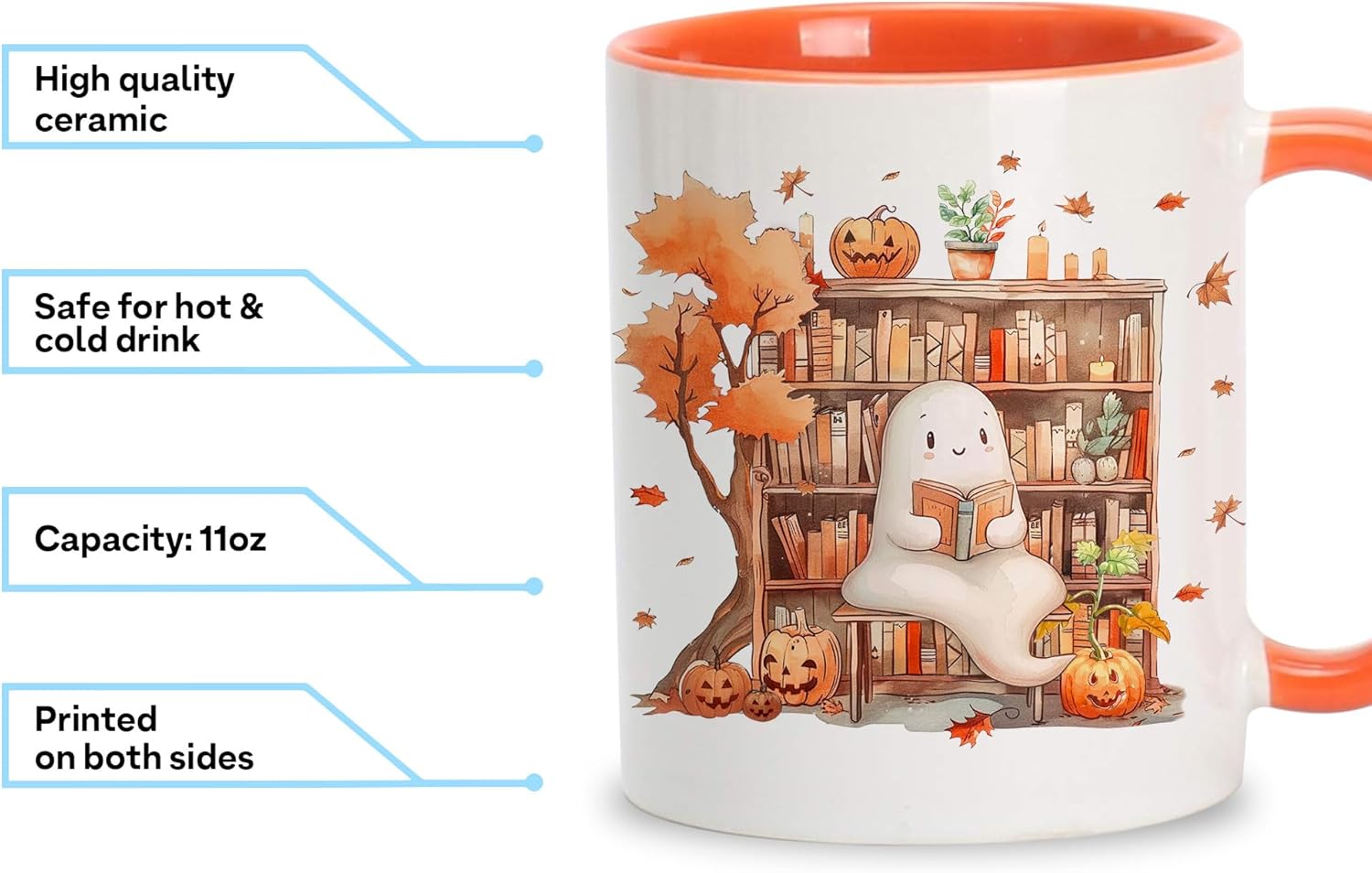Hyturtle Fall Halloween Coffee Mug - Cute Ghost Reading Book Mug - Maple Leaves Spooky Pumpkin Gifts For Men Women On Halloween Birthday Christmas - 11oz Two Tone Orange/White Ceramic Coffee Tea Cup - Image 4