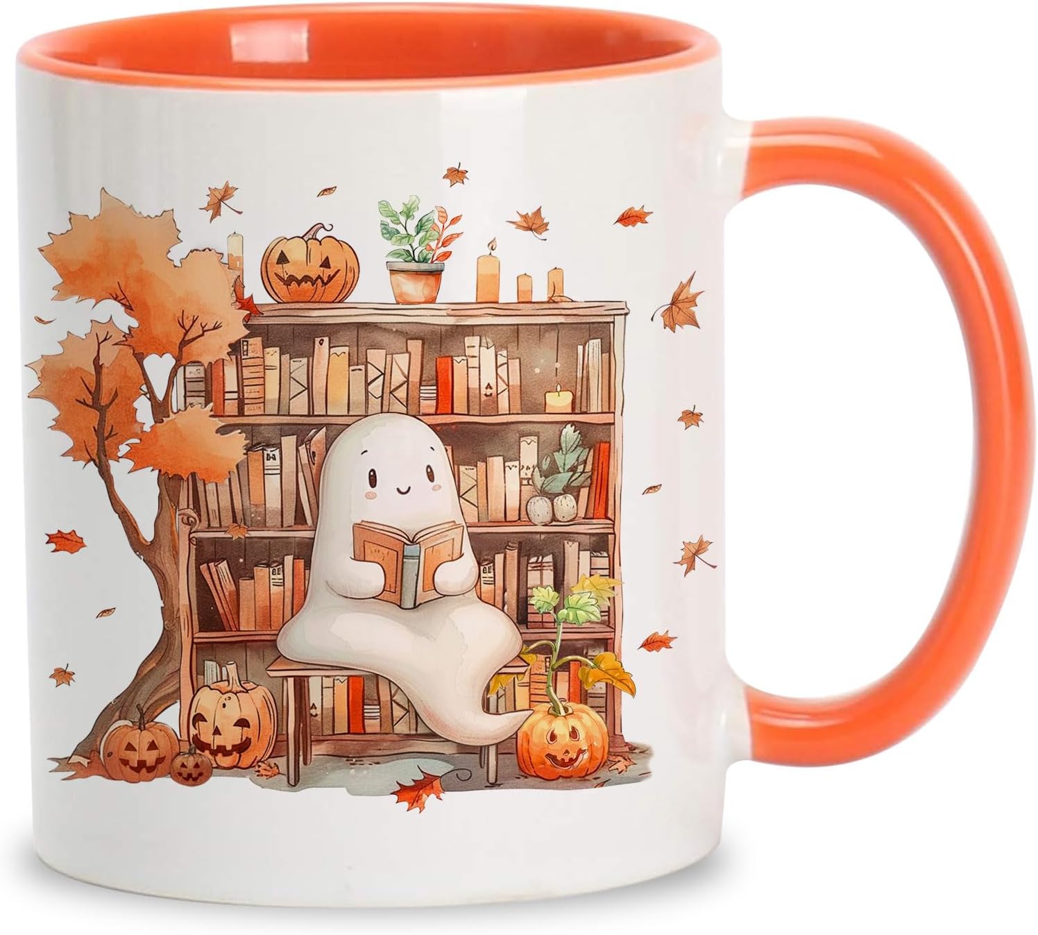 Hyturtle Fall Halloween Coffee Mug - Cute Ghost Reading Book Mug - Maple Leaves Spooky Pumpkin Gifts For Men Women On Halloween Birthday Christmas - 11oz Two Tone Orange/White Ceramic Coffee Tea Cup - Image 2