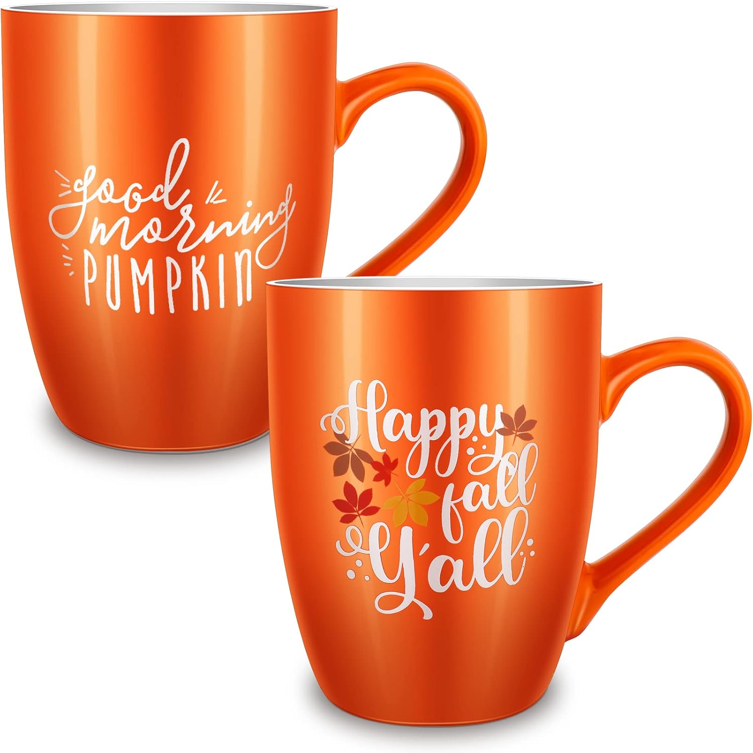 Funtery 2 Pcs Thanksgiving Coffee Mugs Fall Mugs Autumn Pumpkins Cups Happy Fall Y'all Coffee Mug Good Morning Pumpkin Cup Camp Mug Campfire Mug Ceramic Cup for Home Women Men Mom Dad (Orange) - Image 2