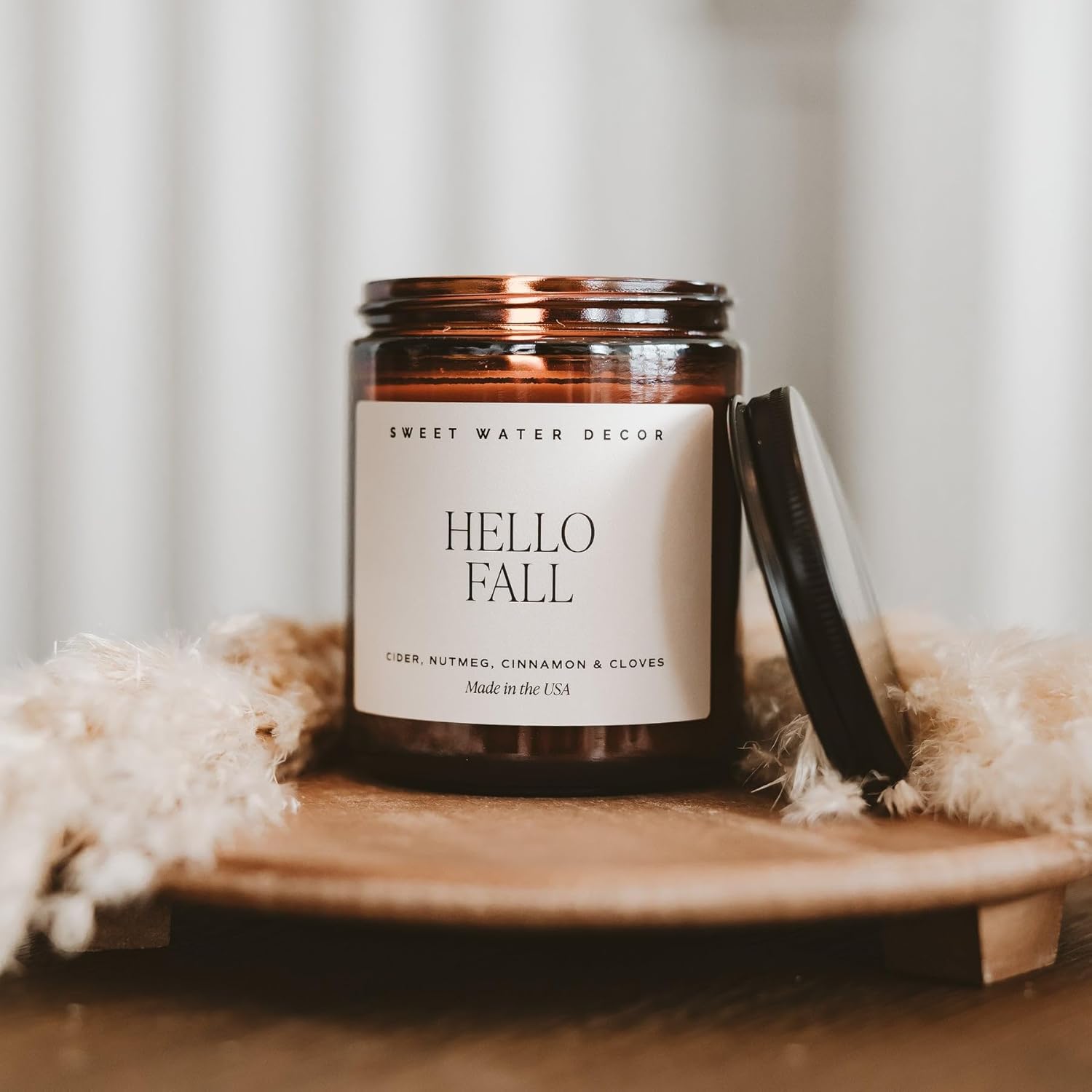 Sweet Water Decor Hello Fall Soy Candles - Fall Candle with Hot Cider, Cinnamon, Cloves, and Nutmeg Scent for Home - Soy Candle with 40 Hours Burn Time - 9Oz Black Lid Amber Jar Candles Fall Scents - Image 5