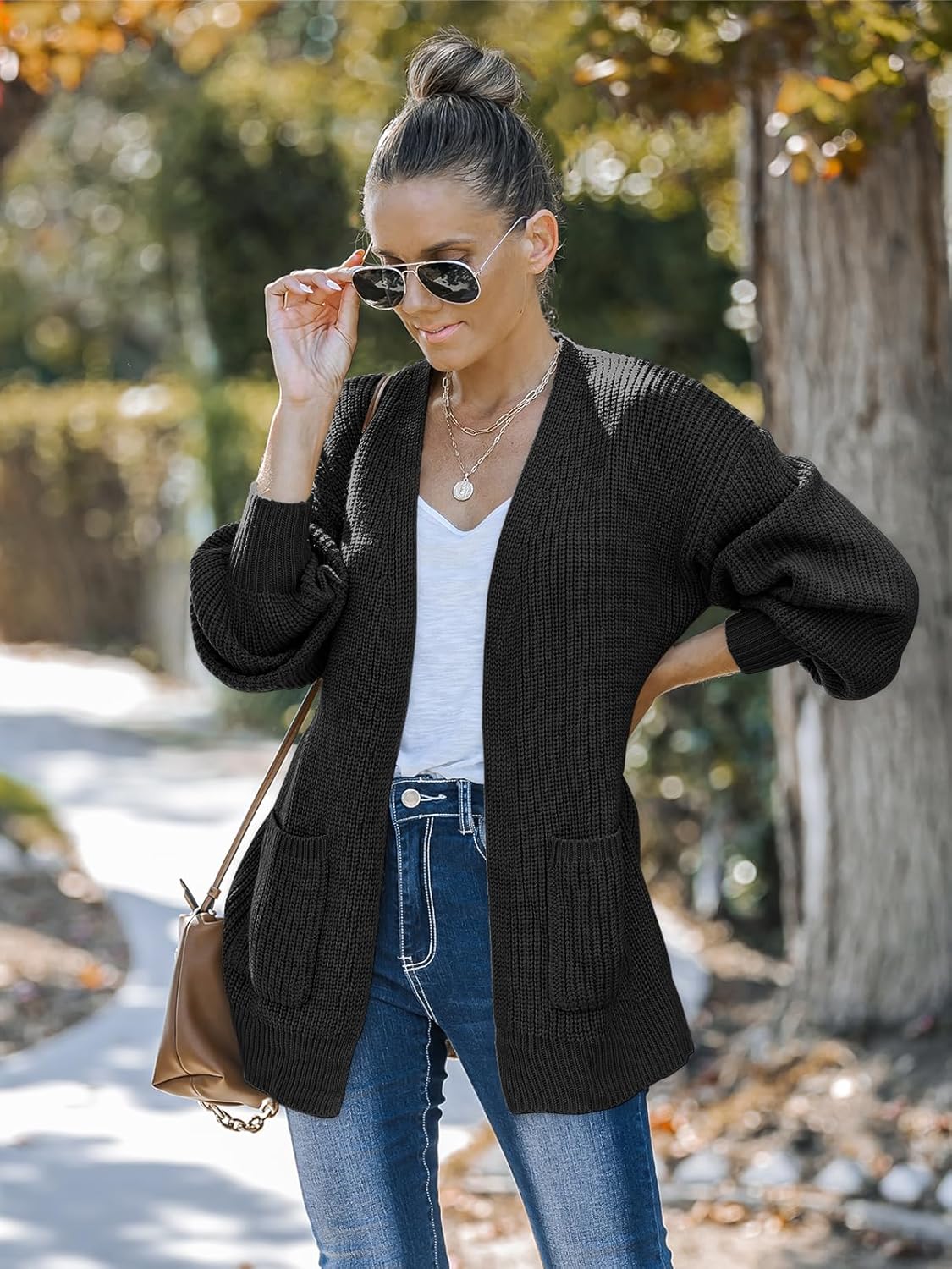 MEROKEETY Women's 2025 Open Front Chunky Cardigans Lantern Long Sleeve Oversized Knit Outwear with Pocket - Image 6