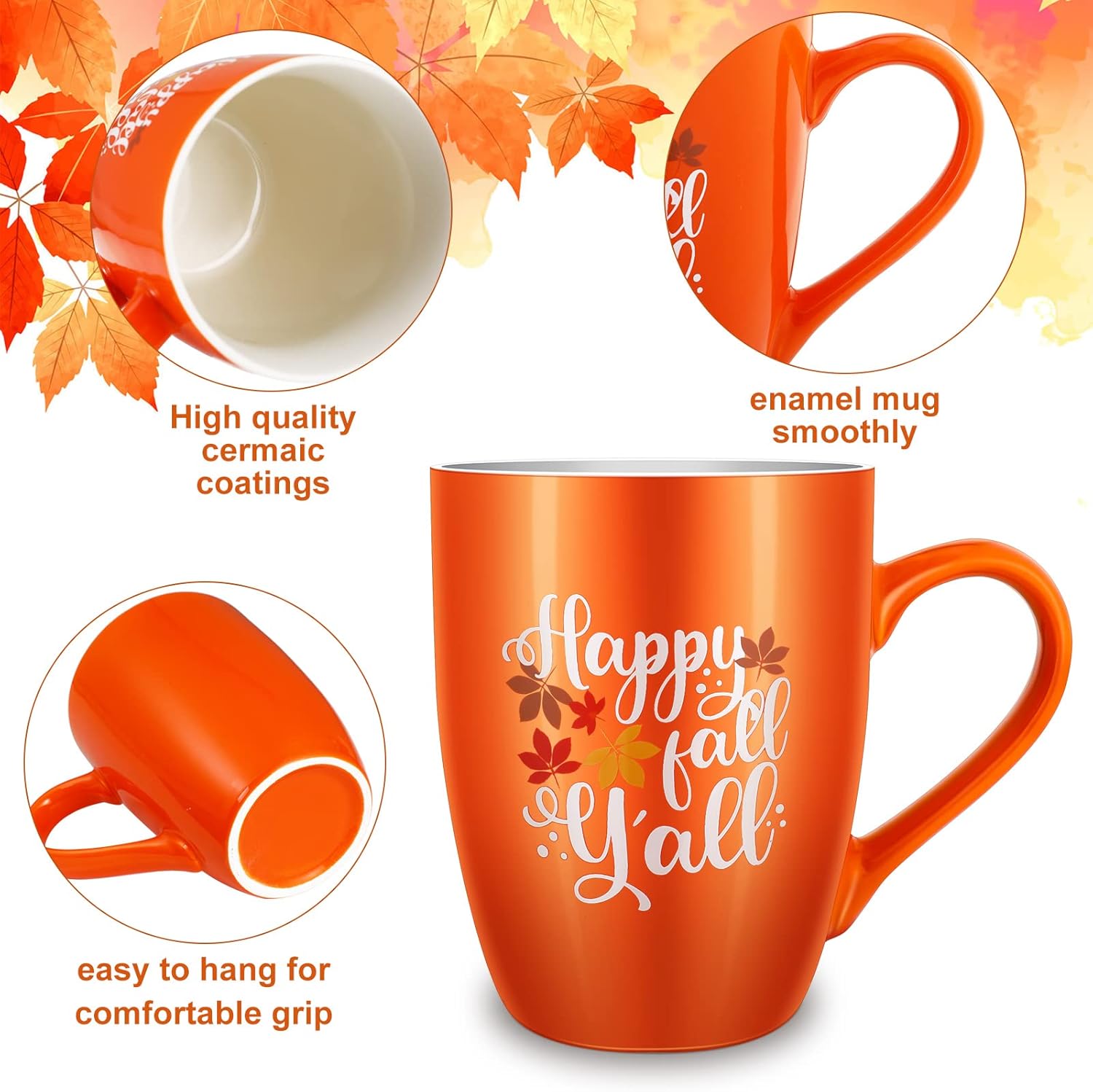 Funtery 2 Pcs Thanksgiving Coffee Mugs Fall Mugs Autumn Pumpkins Cups Happy Fall Y'all Coffee Mug Good Morning Pumpkin Cup Camp Mug Campfire Mug Ceramic Cup for Home Women Men Mom Dad (Orange) - Image 4