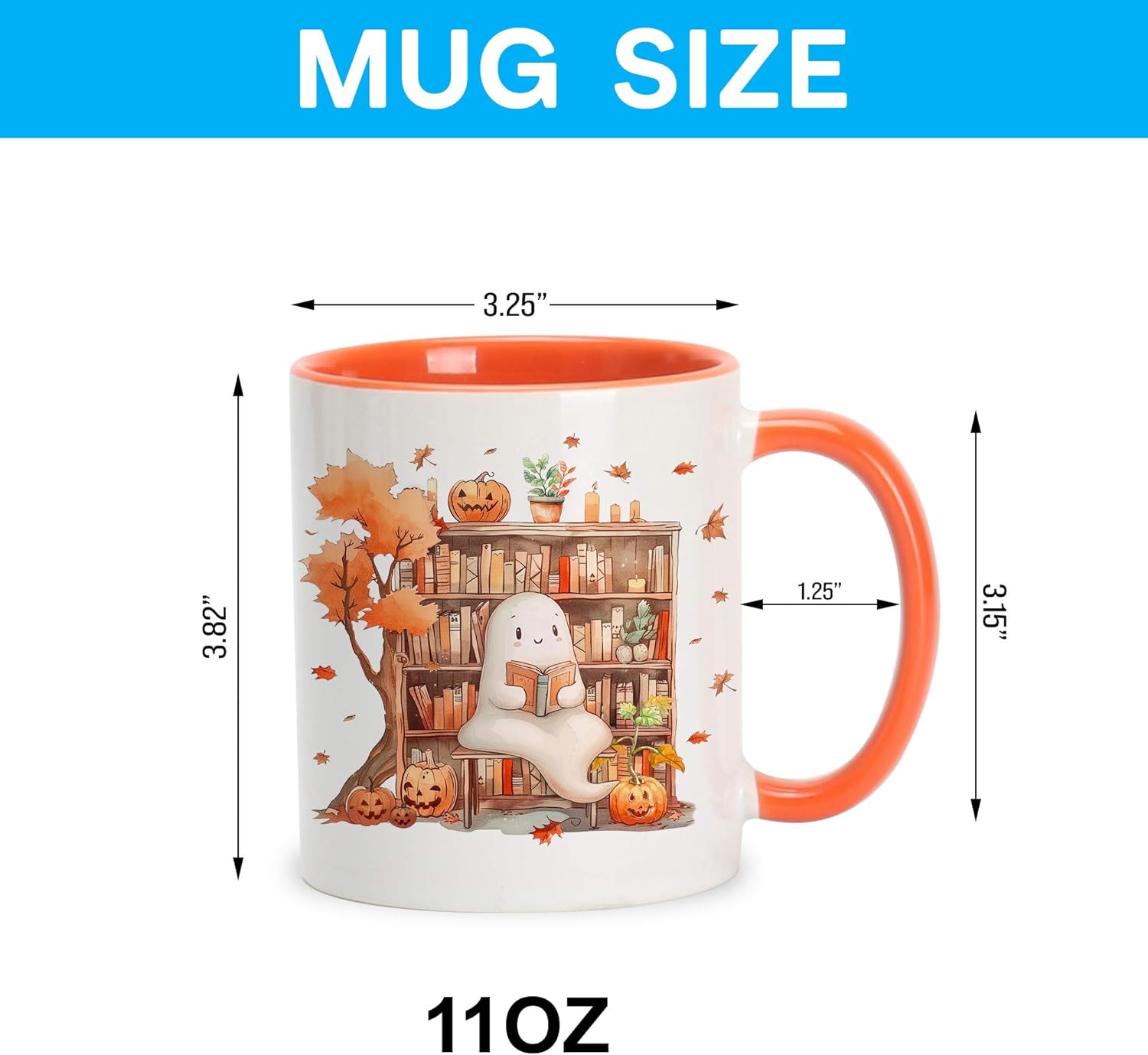 Hyturtle Fall Halloween Coffee Mug - Cute Ghost Reading Book Mug - Maple Leaves Spooky Pumpkin Gifts For Men Women On Halloween Birthday Christmas - 11oz Two Tone Orange/White Ceramic Coffee Tea Cup - Image 5