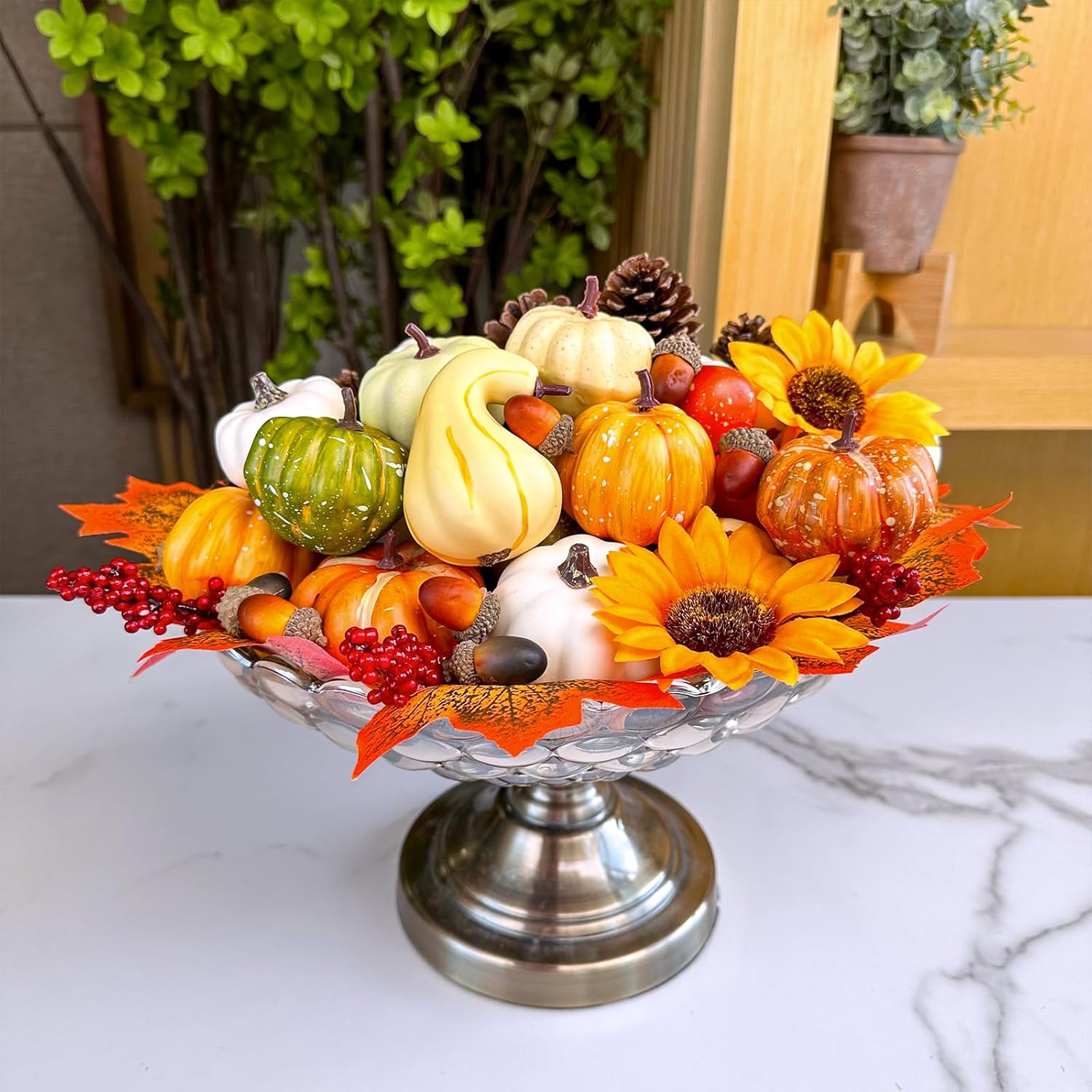 Winlyn 60 Pcs Assorted Small Artificial Pumpkins and Gourds with Acorns Pinecones Maple Leaves Sunflowers Fall Harvest Decoration Set for Thanksgiving Halloween Bowl Filler Table Centerpiece Wreaths - Image 6