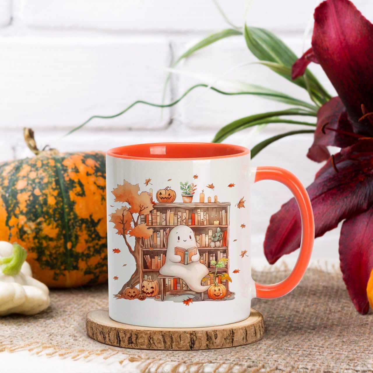 Hyturtle Fall Halloween Coffee Mug - Cute Ghost Reading Book Mug - Maple Leaves Spooky Pumpkin Gifts For Men Women On Halloween Birthday Christmas - 11oz Two Tone Orange/White Ceramic Coffee Tea Cup - Image 3