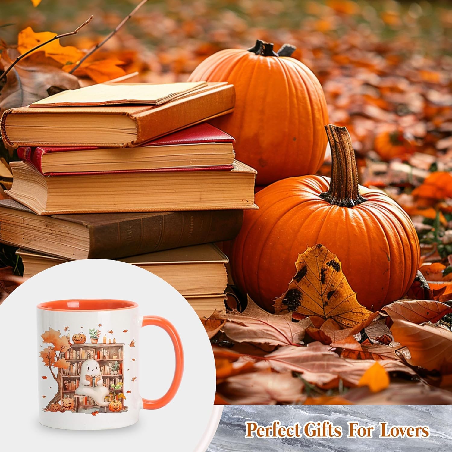 Hyturtle Fall Halloween Coffee Mug - Cute Ghost Reading Book Mug - Maple Leaves Spooky Pumpkin Gifts For Men Women On Halloween Birthday Christmas - 11oz Two Tone Orange/White Ceramic Coffee Tea Cup - Image 6