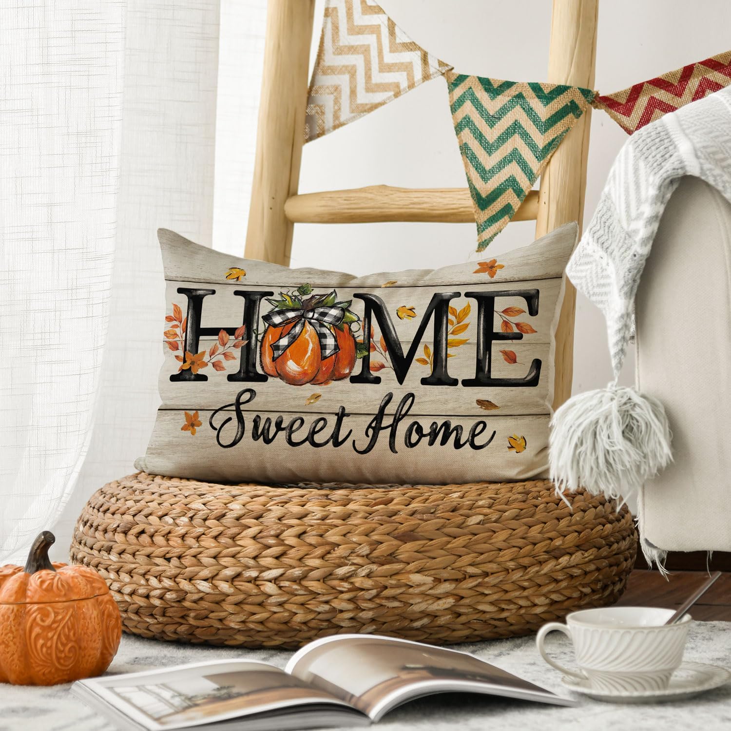 AVOIN colorlife Fall Home Sweet Home Pumpkin Throw Pillow Cover 12x20 Inch, Seasonal Autumn Maple Leaves Plaid Bow Thanksgiving Harvest Cushion Case Decoration for Sofa Couch - Image 6