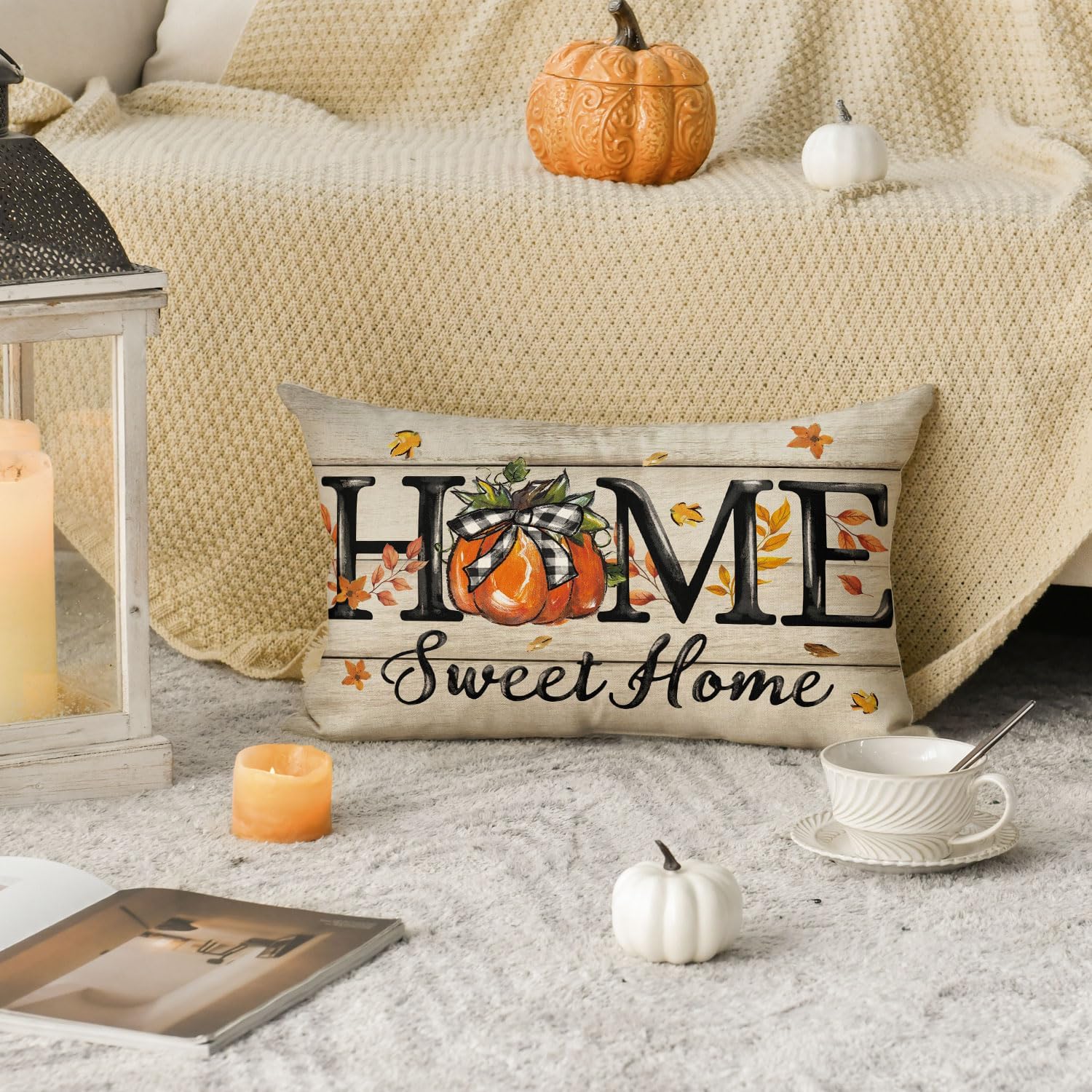 AVOIN colorlife Fall Home Sweet Home Pumpkin Throw Pillow Cover 12x20 Inch, Seasonal Autumn Maple Leaves Plaid Bow Thanksgiving Harvest Cushion Case Decoration for Sofa Couch - Image 3