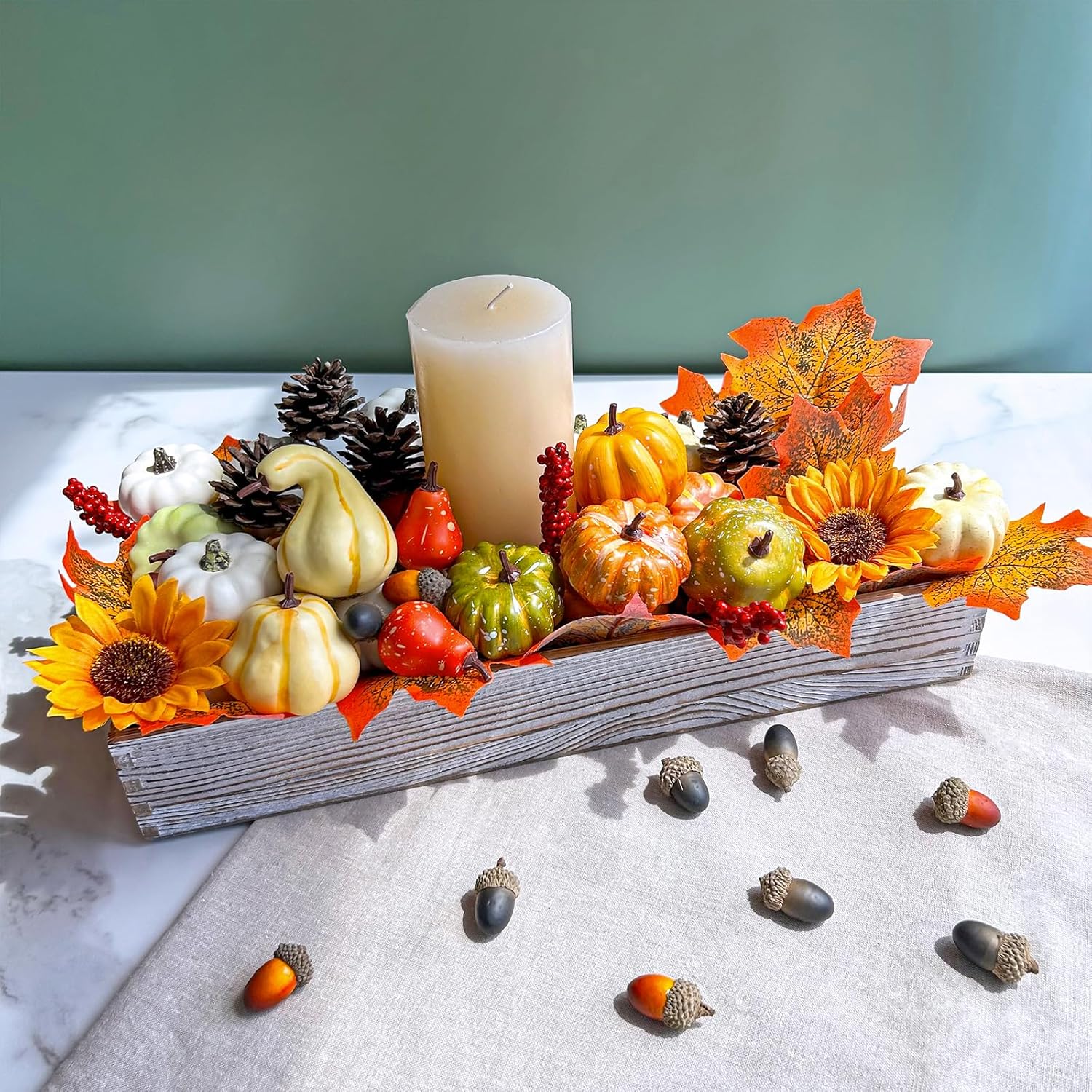 Winlyn 60 Pcs Assorted Small Artificial Pumpkins and Gourds with Acorns Pinecones Maple Leaves Sunflowers Fall Harvest Decoration Set for Thanksgiving Halloween Bowl Filler Table Centerpiece Wreaths - Image 9