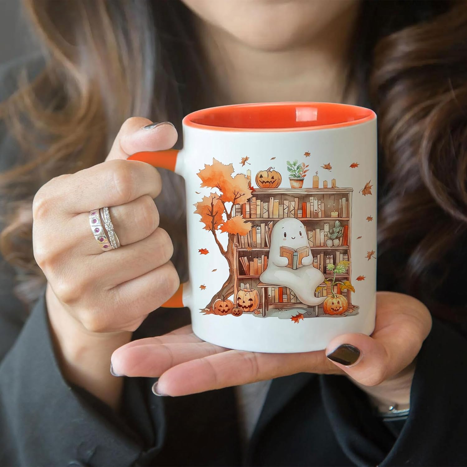Hyturtle Fall Halloween Coffee Mug - Cute Ghost Reading Book Mug - Maple Leaves Spooky Pumpkin Gifts For Men Women On Halloween Birthday Christmas - 11oz Two Tone Orange/White Ceramic Coffee Tea Cup - Image 8