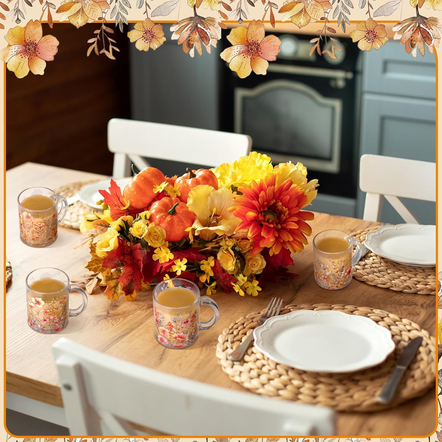 Tioncy 4 Pcs Fall Floral Coffee Mugs 12 oz Flower Glass Cups with Handle Thanksgiving Floral Coffee Cup Autumn Mug Sweet Fall Gifts Drinking Containers for Harvest Holiday Party (Wildflower) - Image 7