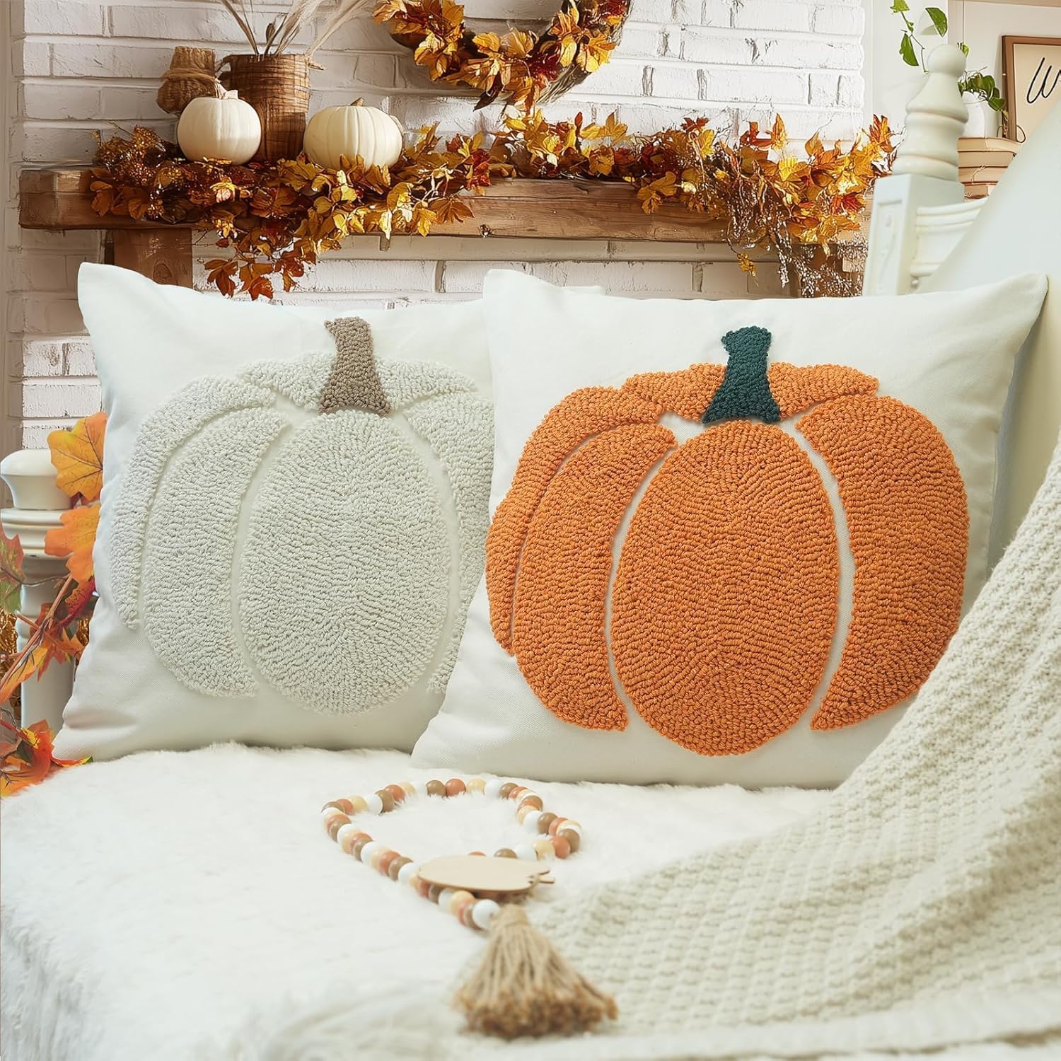 GEEORY Fall Pillow Covers 18x18 inch, Embroidered Pumpkins Throw Pillows Farmhouse Thanksgiving Decor Canvas Cushion Case for Sofa & Bed Home Decorations (Orange) GX002-1-18 - Image 6