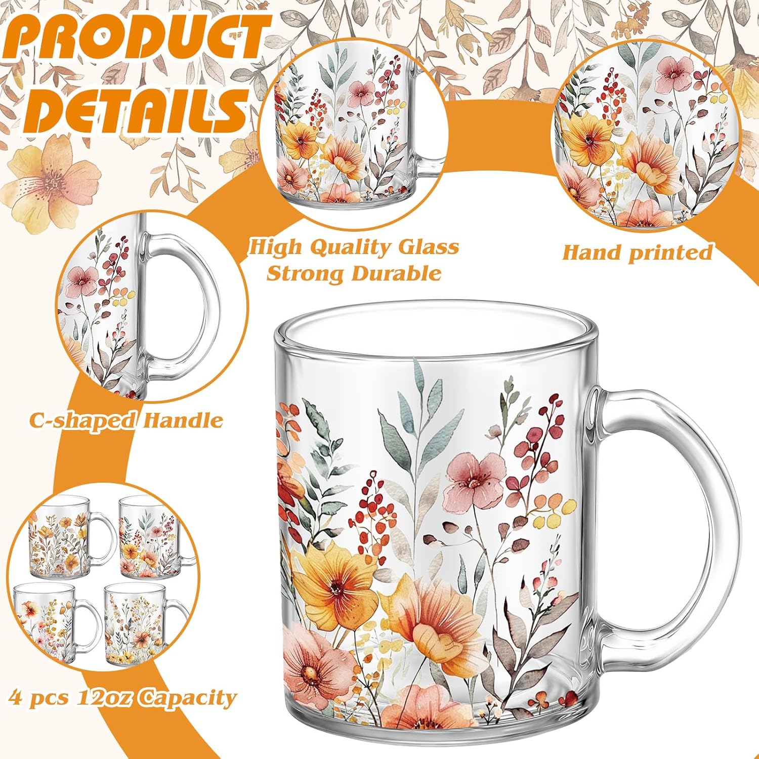 Tioncy 4 Pcs Fall Floral Coffee Mugs 12 oz Flower Glass Cups with Handle Thanksgiving Floral Coffee Cup Autumn Mug Sweet Fall Gifts Drinking Containers for Harvest Holiday Party (Wildflower) - Image 4