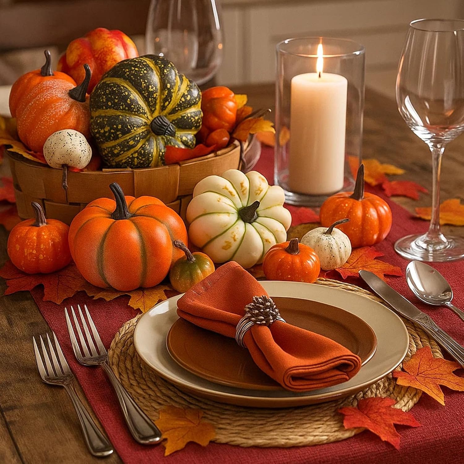 HAKACC 14 PCS Artificial Mixed Pumpkins for Decorating, Fake Pumpkins with 30PCS Fake Maple Leaves Thanksgiving Fall Harvest Decorations for Home, Fall Table Decor - Image 4