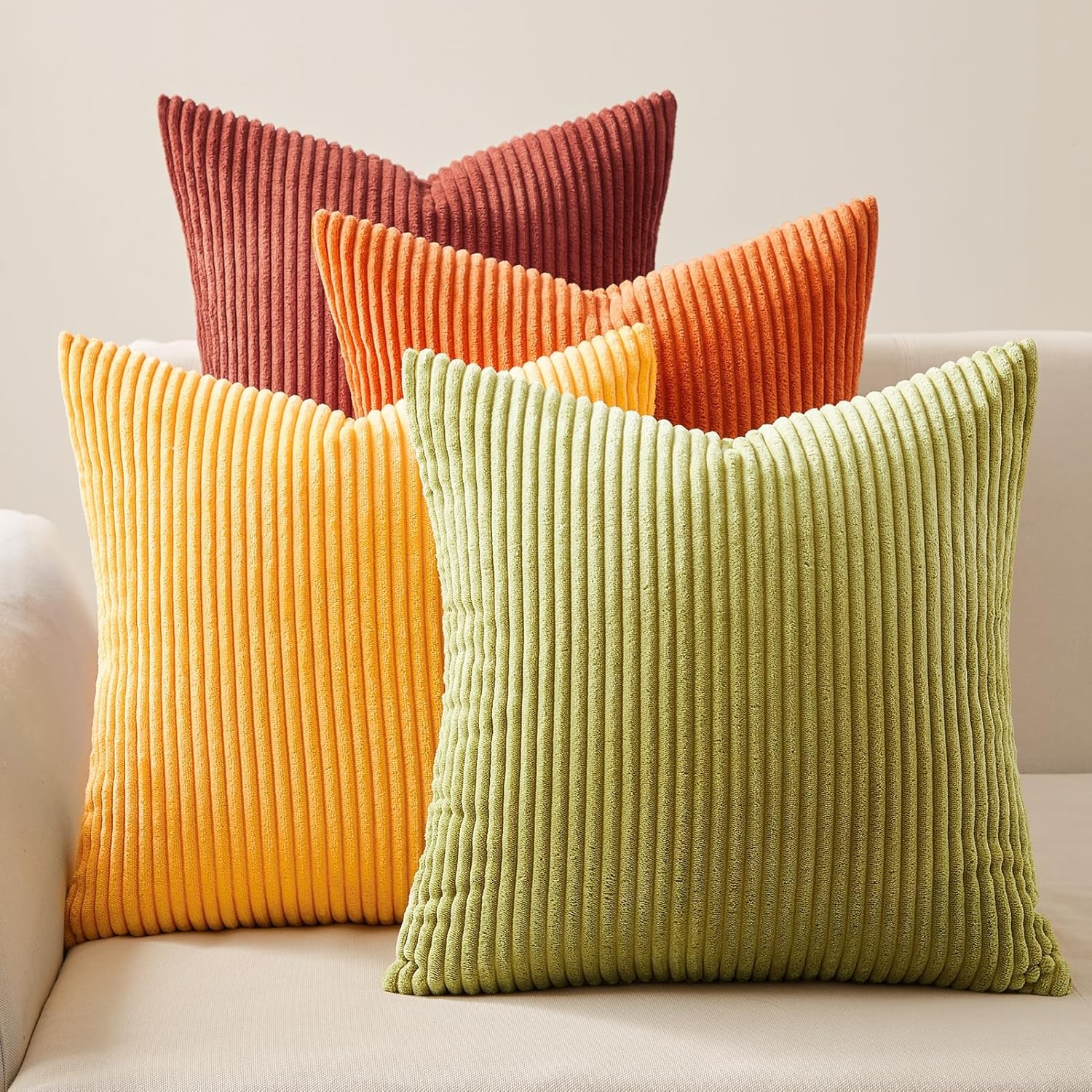 Topfinel Fall Burnt Orange Decorative Throw Pillows Covers 18x18 Inch Set of 4,Yellow Green Gradient Series Corduroy Striped Square Pillow Case,Western Modern Cushion Cover for Couch Sofa Bedroom - Image 2