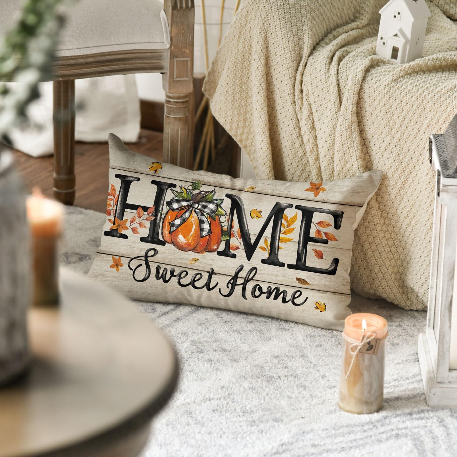 AVOIN colorlife Fall Home Sweet Home Pumpkin Throw Pillow Cover 12x20 Inch, Seasonal Autumn Maple Leaves Plaid Bow Thanksgiving Harvest Cushion Case Decoration for Sofa Couch - Image 5
