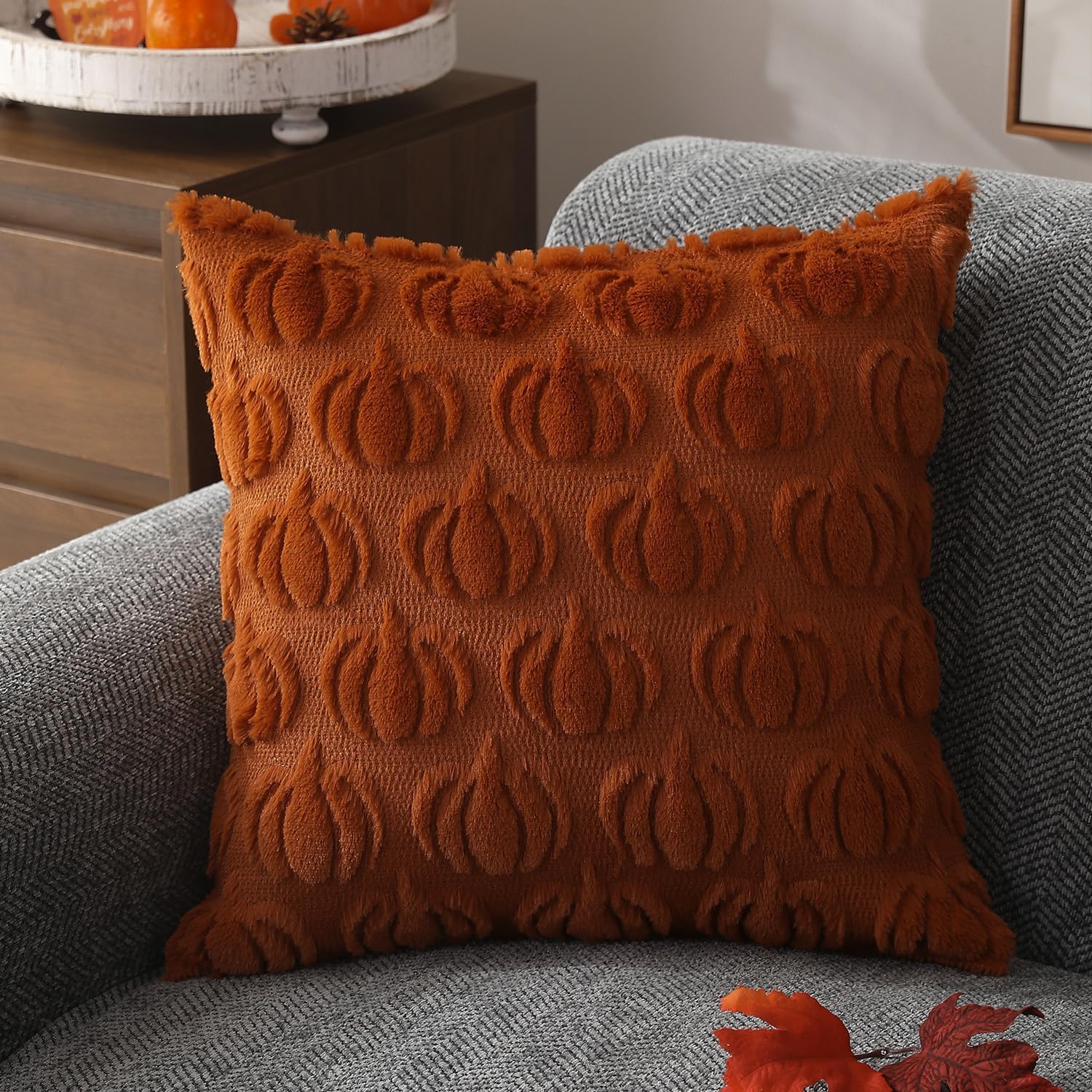 DFXSZ Fall Pillow Covers 18x18 Set of 2 Fall Decorations Autumn Rust Pumpkin Throw Pillow Cases Soft Plush Faux Fur Wool Couch Cushion Case for Chair Sofa Bedroom Living Room Home Decor PTK02A18 - Image 4