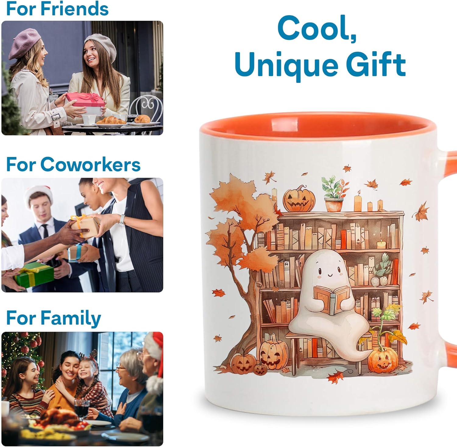 Hyturtle Fall Halloween Coffee Mug - Cute Ghost Reading Book Mug - Maple Leaves Spooky Pumpkin Gifts For Men Women On Halloween Birthday Christmas - 11oz Two Tone Orange/White Ceramic Coffee Tea Cup - Image 7