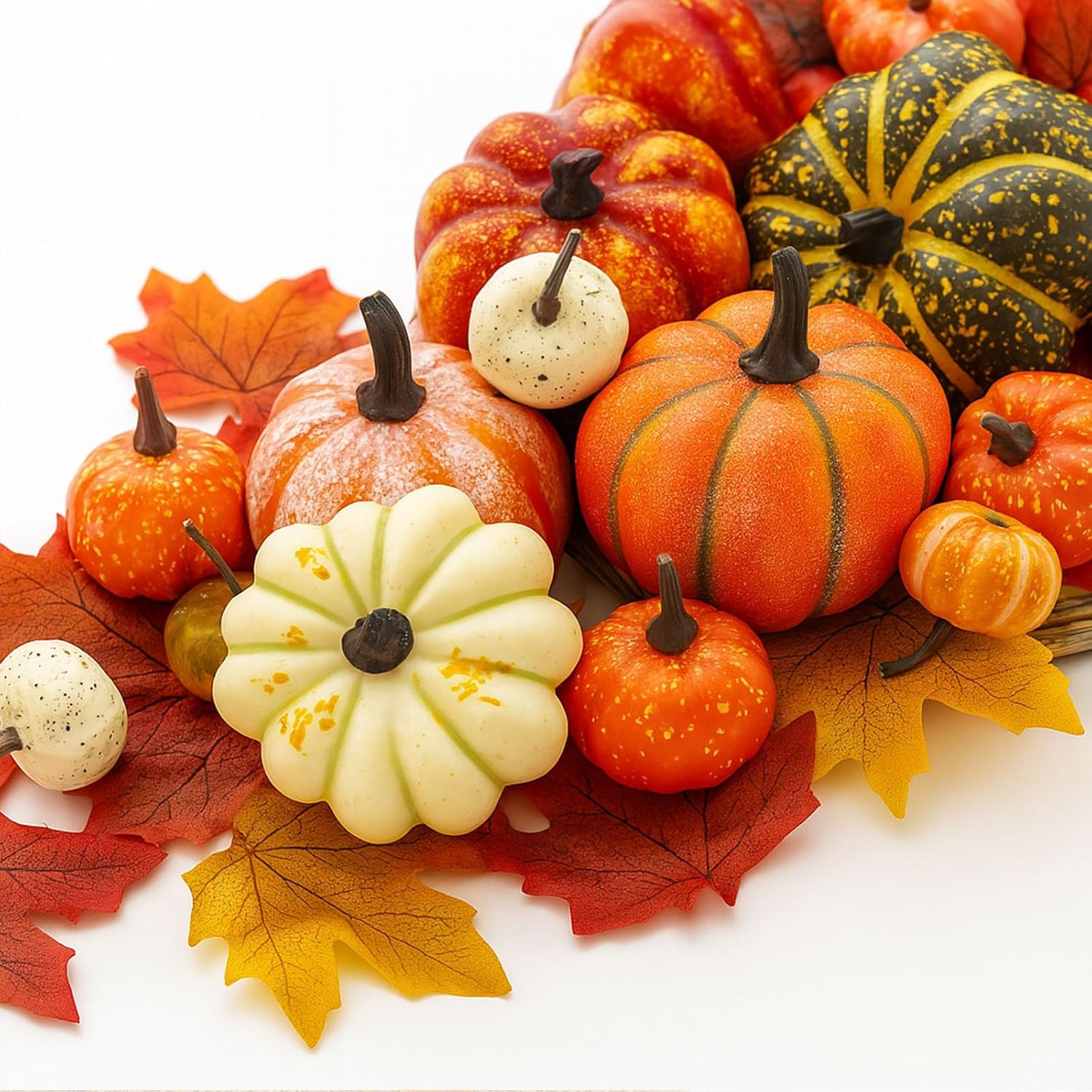 HAKACC 14 PCS Artificial Mixed Pumpkins for Decorating, Fake Pumpkins with 30PCS Fake Maple Leaves Thanksgiving Fall Harvest Decorations for Home, Fall Table Decor - Image 8