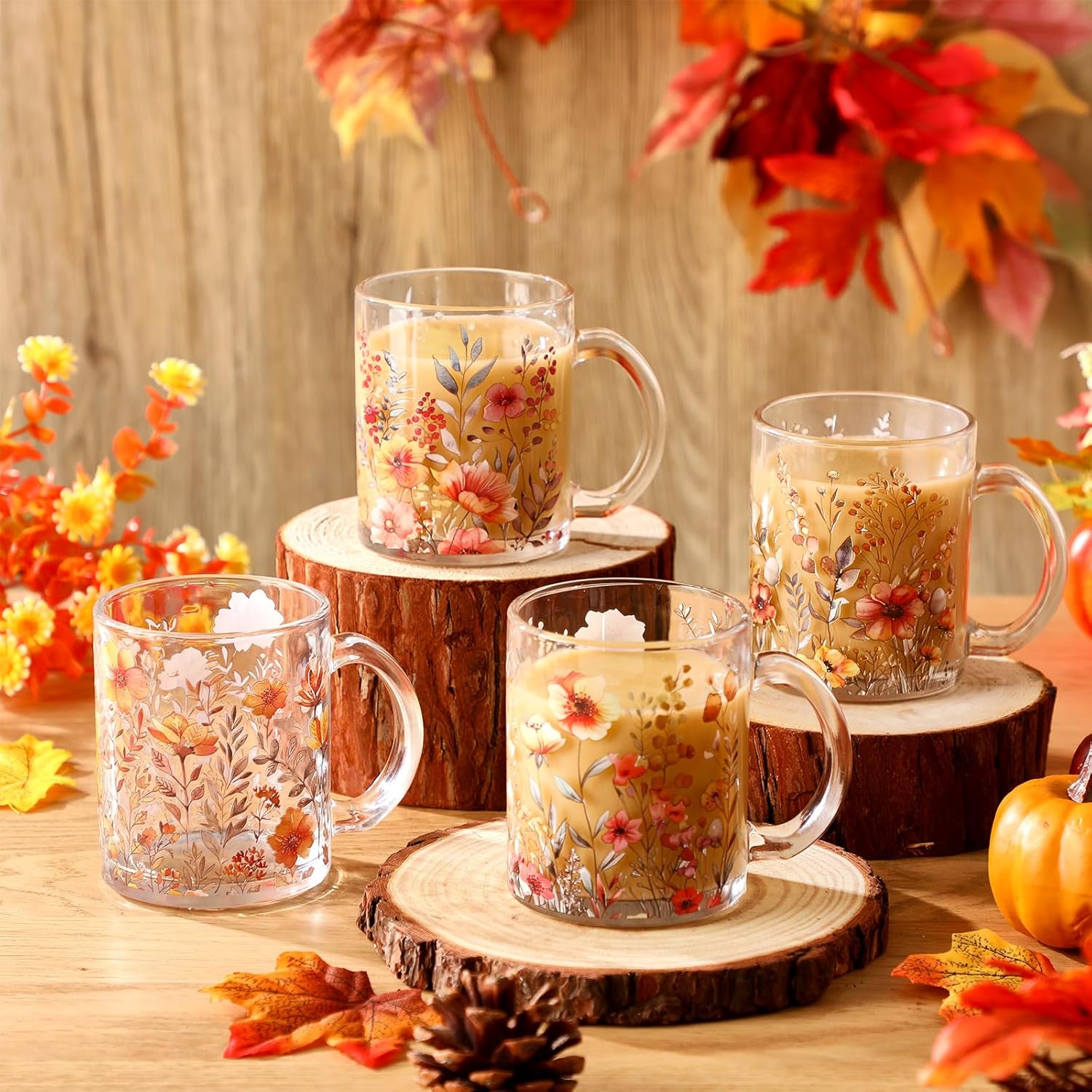 Tioncy 4 Pcs Fall Floral Coffee Mugs 12 oz Flower Glass Cups with Handle Thanksgiving Floral Coffee Cup Autumn Mug Sweet Fall Gifts Drinking Containers for Harvest Holiday Party (Wildflower) - Image 3