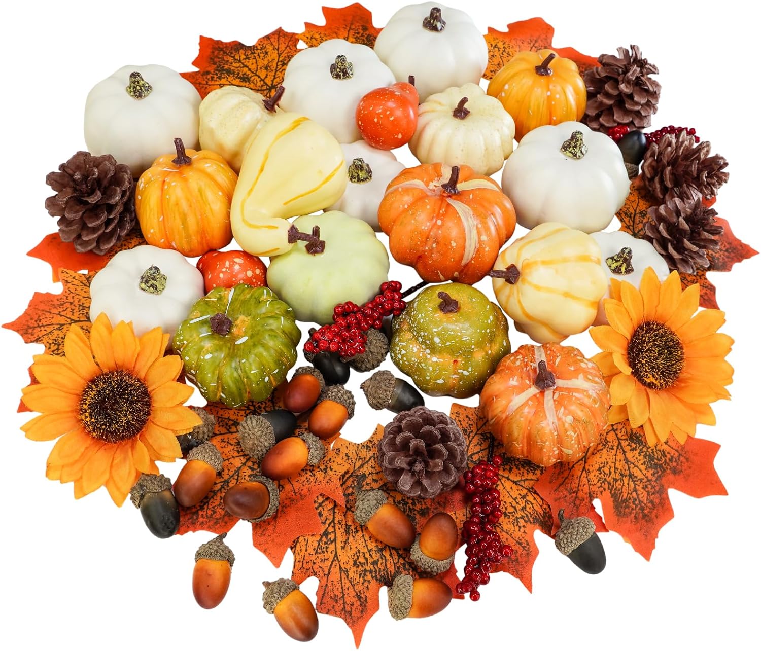 Winlyn 60 Pcs Assorted Small Artificial Pumpkins and Gourds with Acorns Pinecones Maple Leaves Sunflowers Fall Harvest Decoration Set for Thanksgiving Halloween Bowl Filler Table Centerpiece Wreaths - Image 2