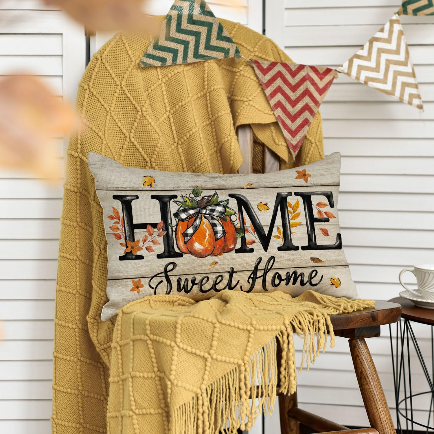 AVOIN colorlife Fall Home Sweet Home Pumpkin Throw Pillow Cover 12x20 Inch, Seasonal Autumn Maple Leaves Plaid Bow Thanksgiving Harvest Cushion Case Decoration for Sofa Couch - Image 4