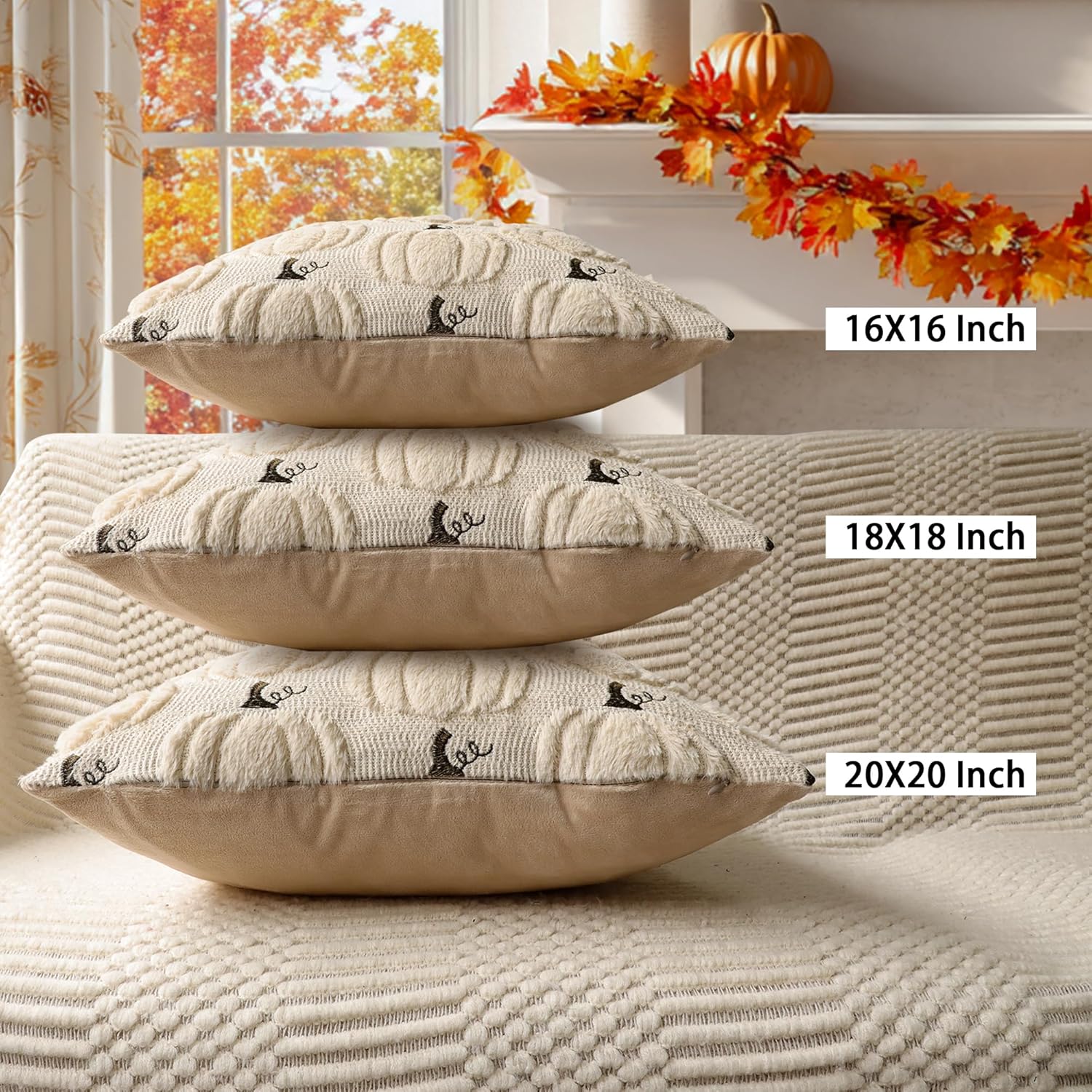 4TH Emotion Fall Pumpkin Decorative Pillow Covers 18x18 Set of 2, Beige Soft Plush Faux Fur Wool Farmhouse Throw Cushion Cases for Autumn Thanksgiving Holiday Home Decorations - Image 8