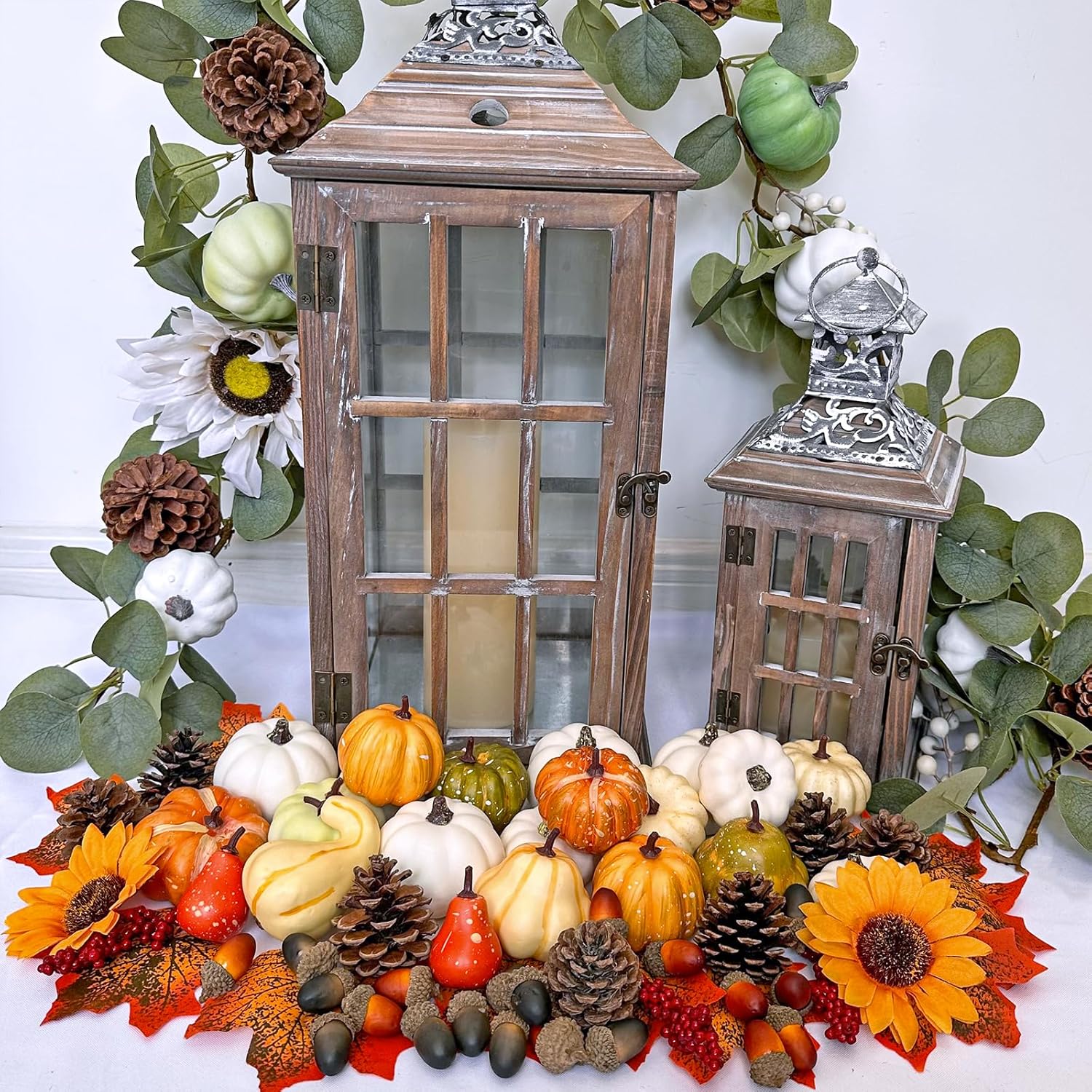 Winlyn 60 Pcs Assorted Small Artificial Pumpkins and Gourds with Acorns Pinecones Maple Leaves Sunflowers Fall Harvest Decoration Set for Thanksgiving Halloween Bowl Filler Table Centerpiece Wreaths - Image 7