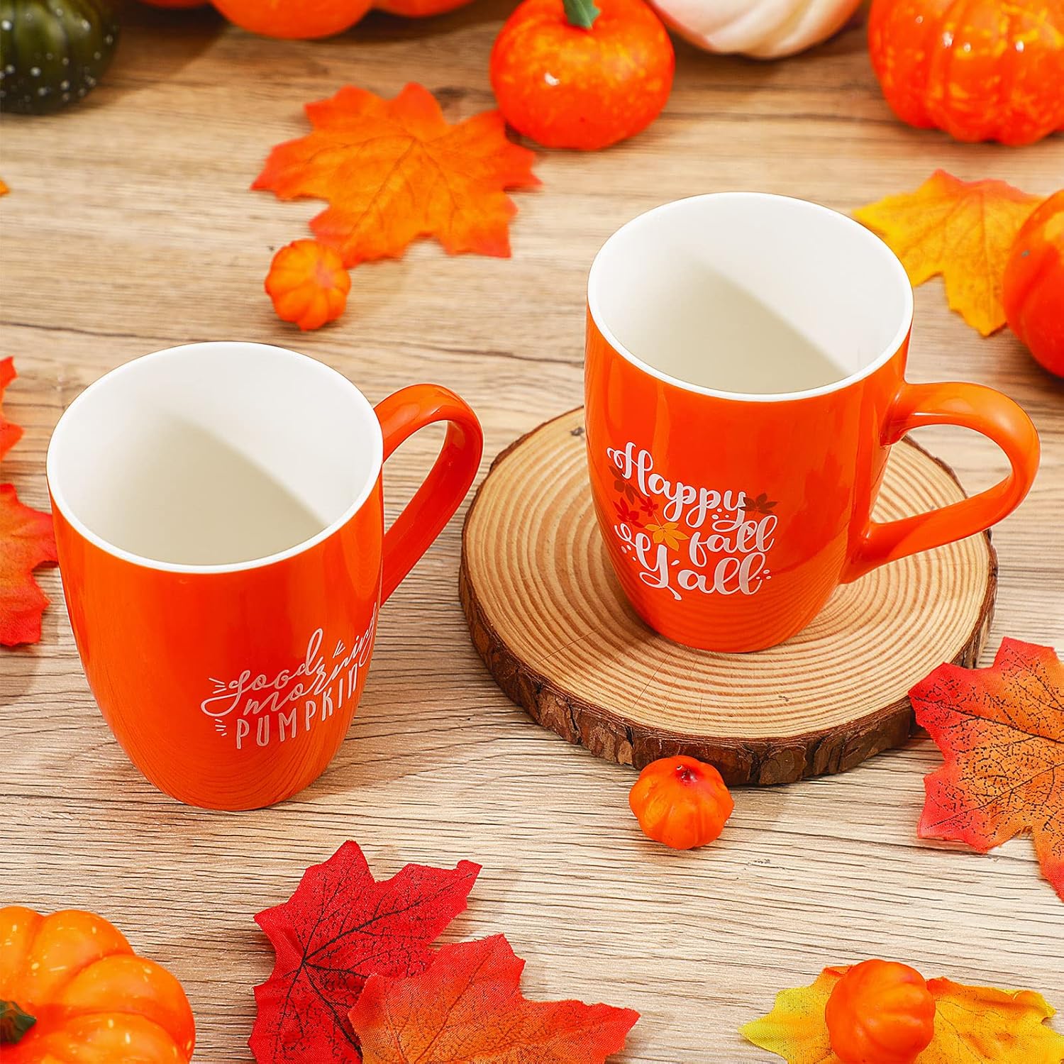 Funtery 2 Pcs Thanksgiving Coffee Mugs Fall Mugs Autumn Pumpkins Cups Happy Fall Y'all Coffee Mug Good Morning Pumpkin Cup Camp Mug Campfire Mug Ceramic Cup for Home Women Men Mom Dad (Orange) - Image 5