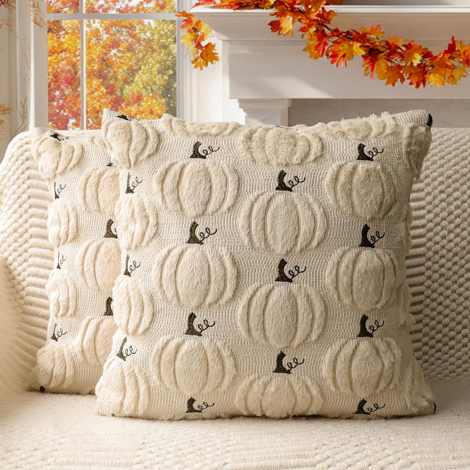 4TH Emotion Fall Pumpkin Decorative Pillow Covers 18x18 Set of 2, Beige Soft Plush Faux Fur Wool Farmhouse Throw Cushion Cases for Autumn Thanksgiving Holiday Home Decorations - Image 2