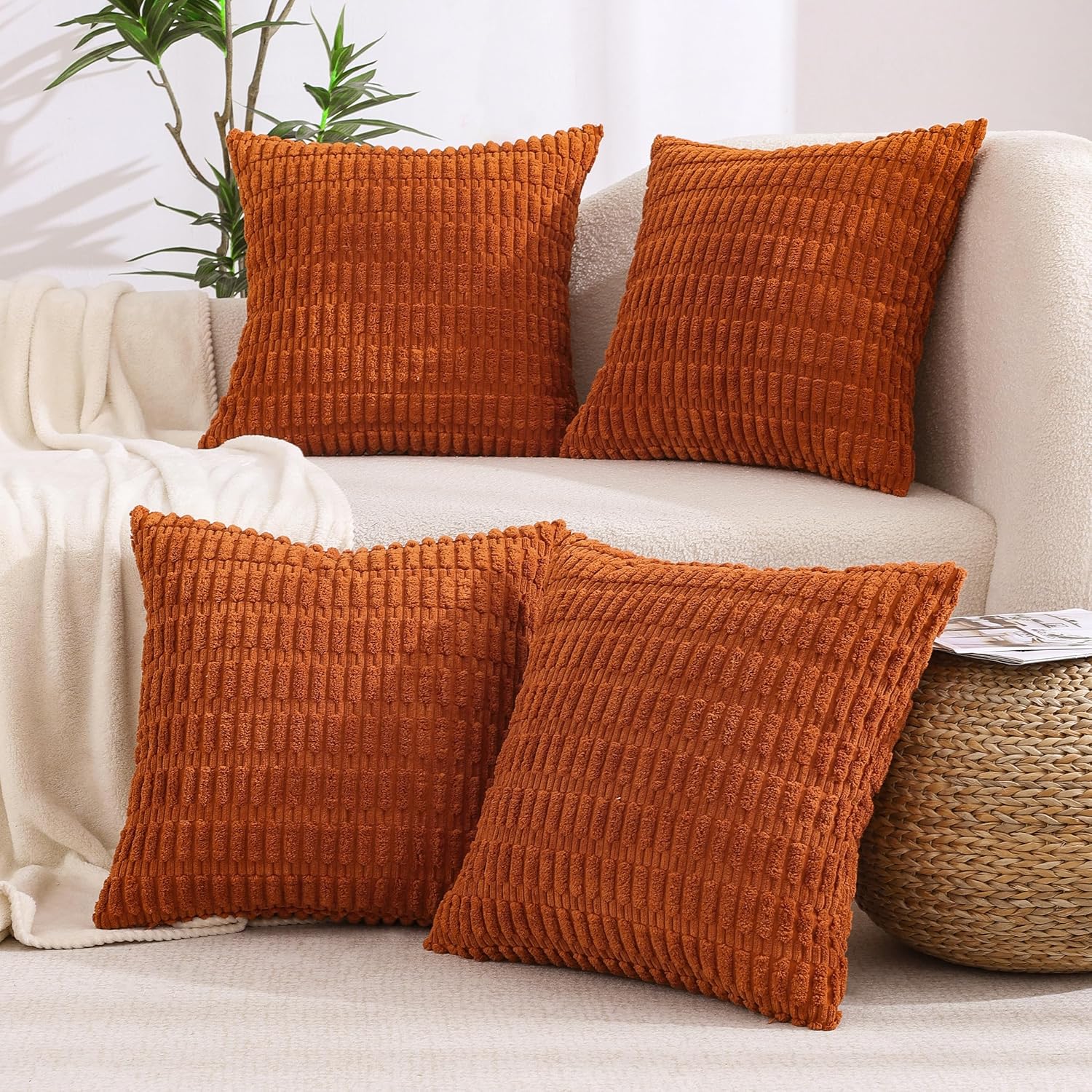 All Smiles Fall Decorative Throw Pillow Covers 18x18 Set of 4 Rust Thanksgiving Halloween Farmhouse Home Corduroy Square Cushion Case for Decor Living Room Couch Bed Sofa,Boho Terracotta Orange - Image 2