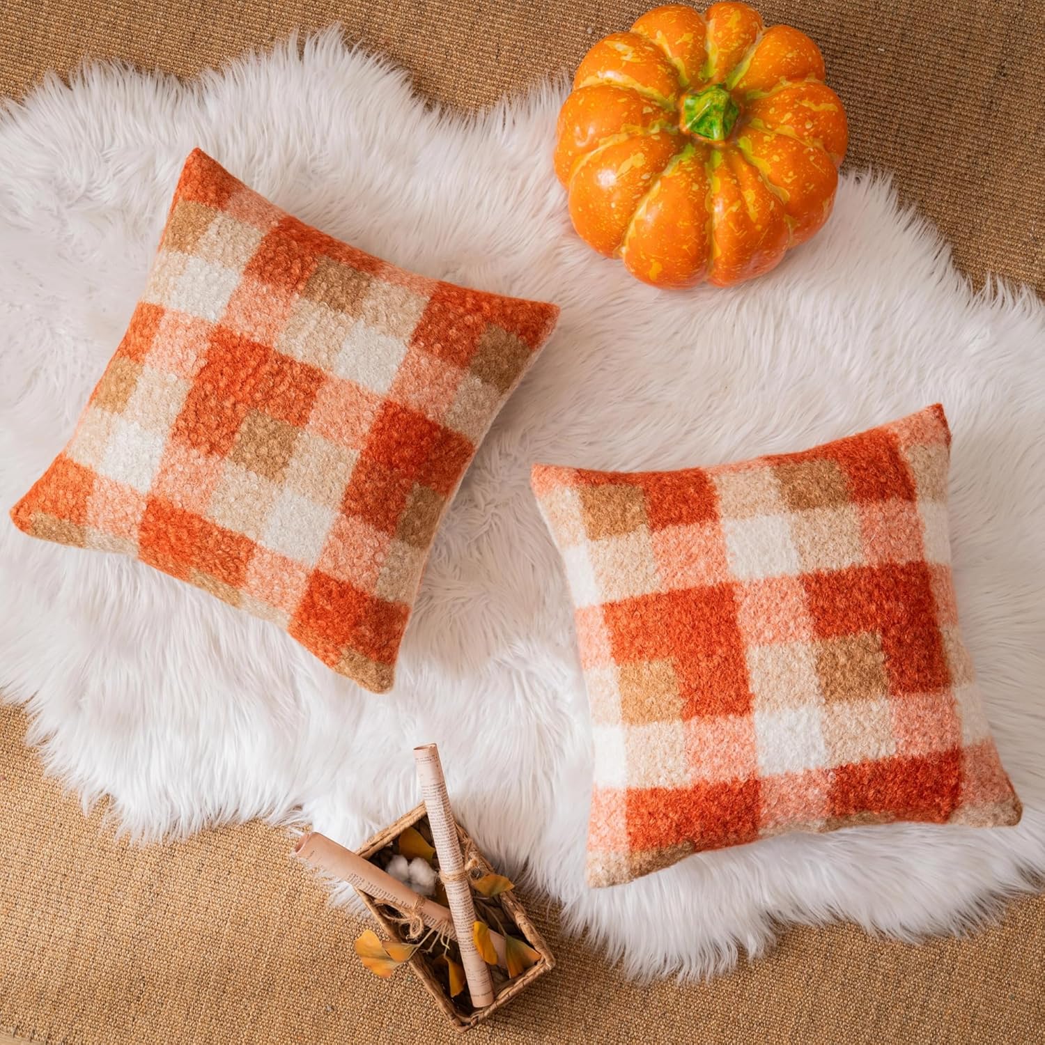 Orange Plaid Fall Throw Pillow Covers 20x20 Inch Set of 2, Boucle Decorative Pillow Covers,Cozy Fluffy Home Living Room Farmhouse Decor for Sofa Couch Bed - Image 6