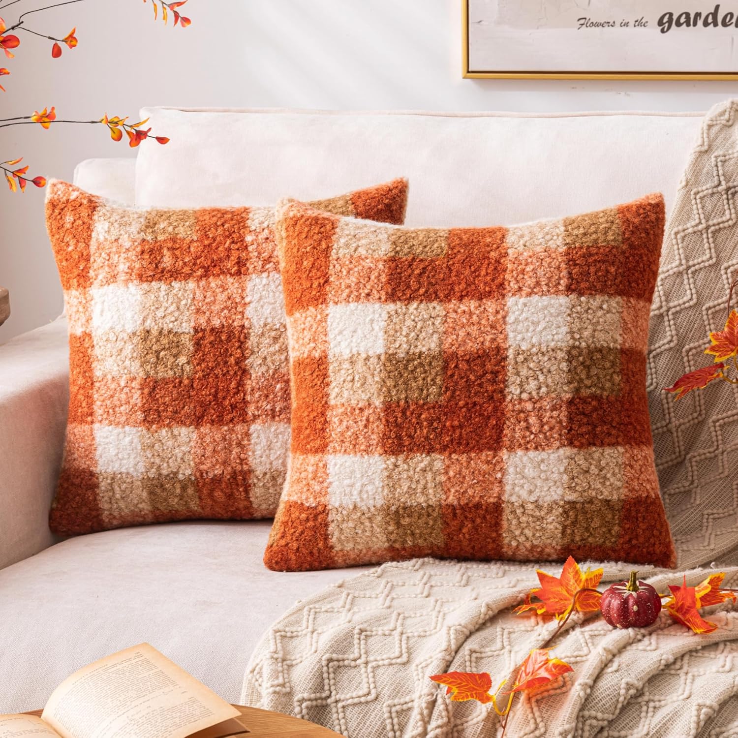 Orange Plaid Fall Throw Pillow Covers 20x20 Inch Set of 2, Boucle Decorative Pillow Covers,Cozy Fluffy Home Living Room Farmhouse Decor for Sofa Couch Bed - Image 2