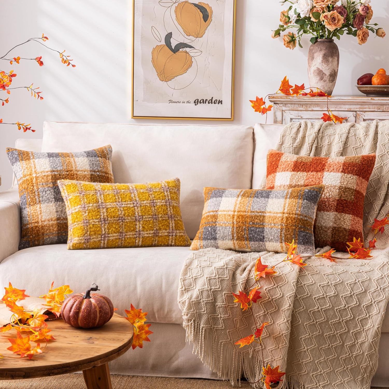 Orange Plaid Fall Throw Pillow Covers 20x20 Inch Set of 2, Boucle Decorative Pillow Covers,Cozy Fluffy Home Living Room Farmhouse Decor for Sofa Couch Bed - Image 3