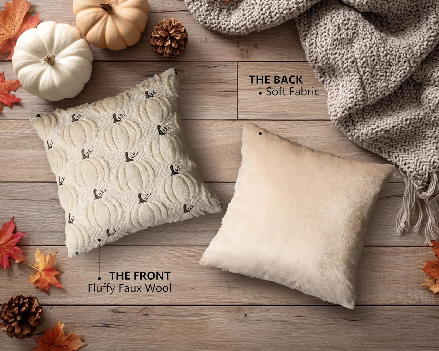 4TH Emotion Fall Pumpkin Decorative Pillow Covers 18x18 Set of 2, Beige Soft Plush Faux Fur Wool Farmhouse Throw Cushion Cases for Autumn Thanksgiving Holiday Home Decorations - Image 7