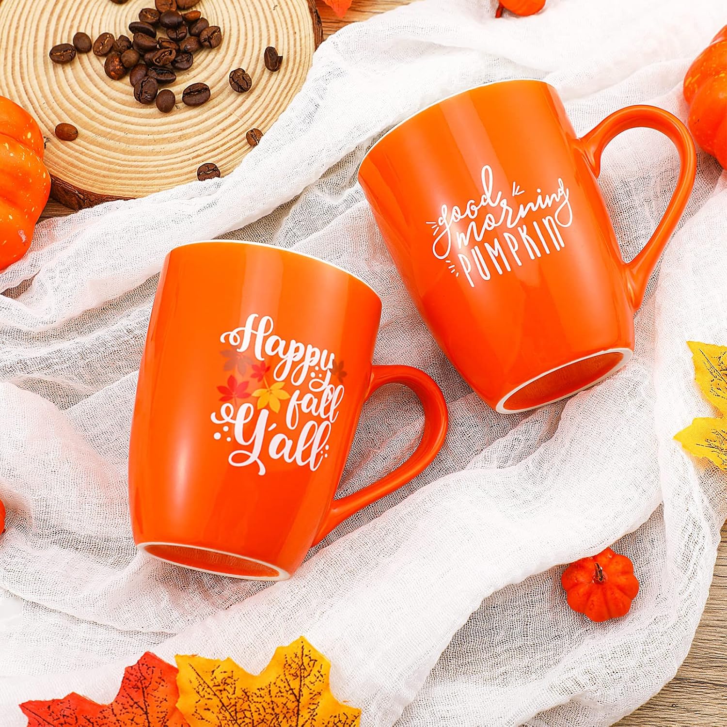 Funtery 2 Pcs Thanksgiving Coffee Mugs Fall Mugs Autumn Pumpkins Cups Happy Fall Y'all Coffee Mug Good Morning Pumpkin Cup Camp Mug Campfire Mug Ceramic Cup for Home Women Men Mom Dad (Orange) - Image 6