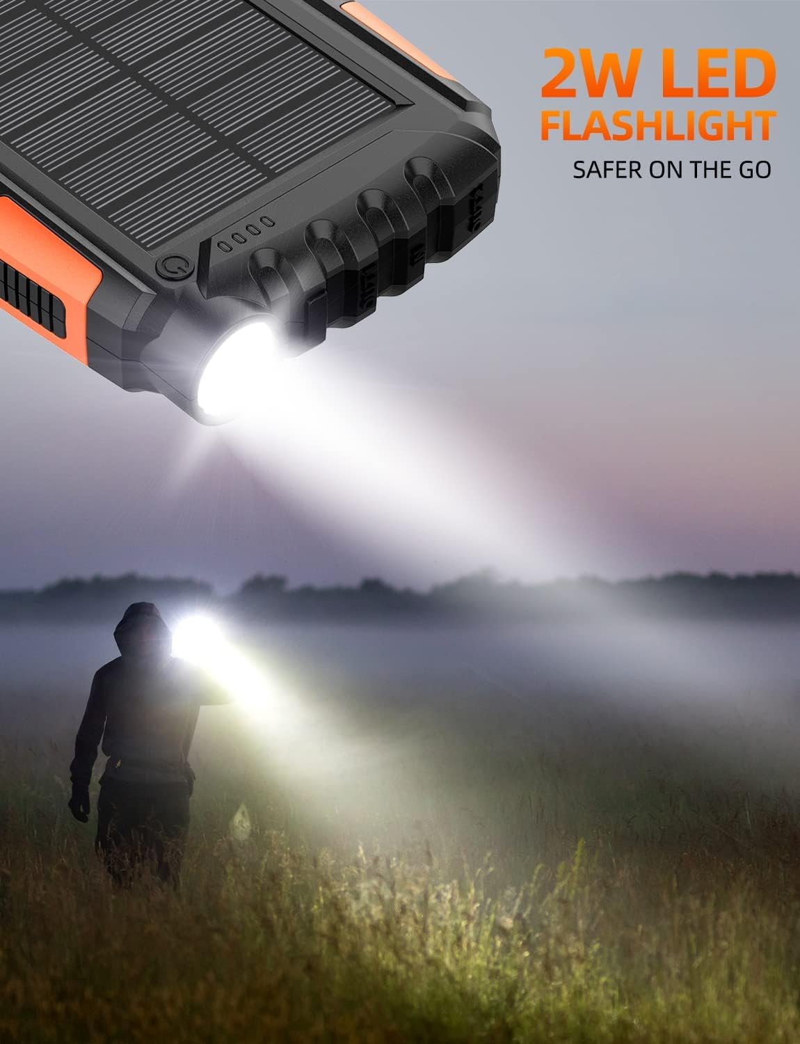 Power-Bank-Solar-Charger - 42800mAh Portable Charger,Solar Power Bank,External Battery Pack 5V3.1A Qc 3.0 Fast Charger Built-in Super Bright Flashlight (Orange) - Image 7