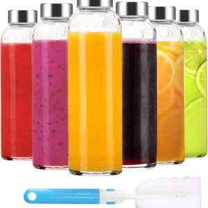 Clear Glass Bottles with Lids 18 oz, Reusable Glass Water Bottles with Stainless Steel Cap for Juicing, Refrigerator,100% Leak Proof, BPA Free, Juice Water Bottle Set of 6