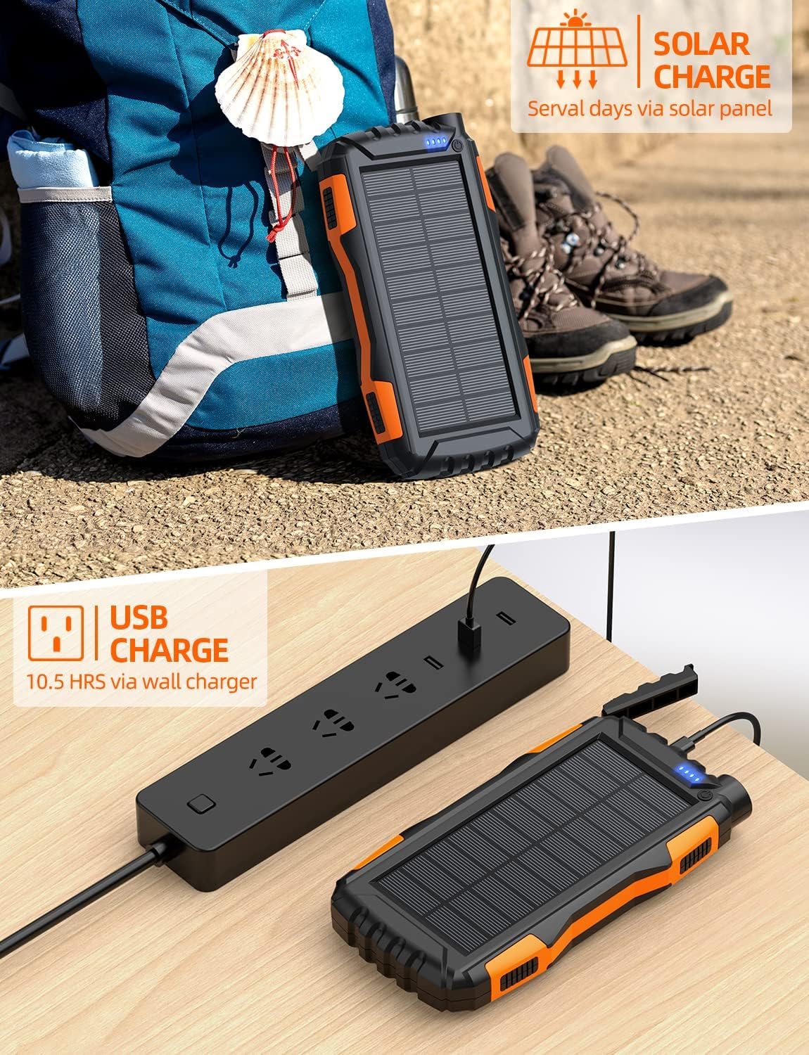 Power-Bank-Solar-Charger - 42800mAh Portable Charger,Solar Power Bank,External Battery Pack 5V3.1A Qc 3.0 Fast Charger Built-in Super Bright Flashlight (Orange) - Image 4