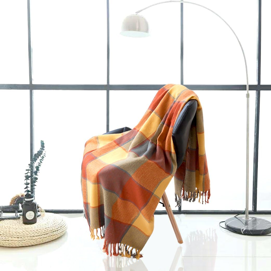 Classic Home Throw Blanket Shawl All Season Acrylic Cozy Soft Reversible Picnic Stadium Camp Blanket Fringe Plaid for Bed/Sofa/Couch,Cashmere-Like 50" W x 67" L (Pumpkin) - Image 3