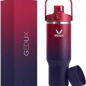 32 oz Gradient Blue Stainless Steel Tumbler with Handle and Straw, Vacuum Insulated Water Bottle with Leak-Proof 2-in-1 Lid and Silicone Boot, Keeps Drinks Hot and Cold (reddish black, 40oz)