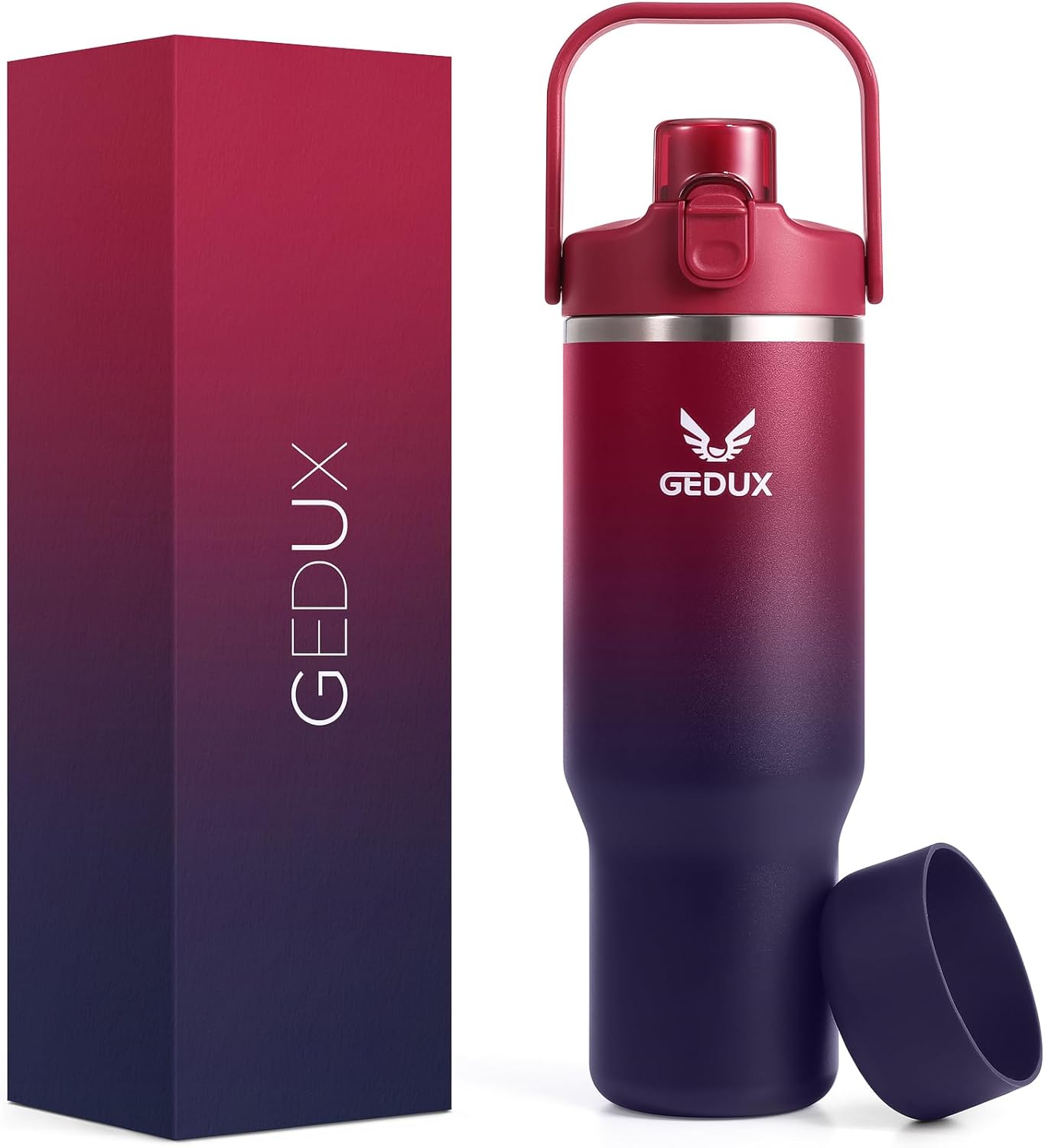 32 oz Gradient Blue Stainless Steel Tumbler with Handle and Straw, Vacuum Insulated Water Bottle with Leak-Proof 2-in-1 Lid and Silicone Boot, Keeps Drinks Hot and Cold (reddish black, 40oz)